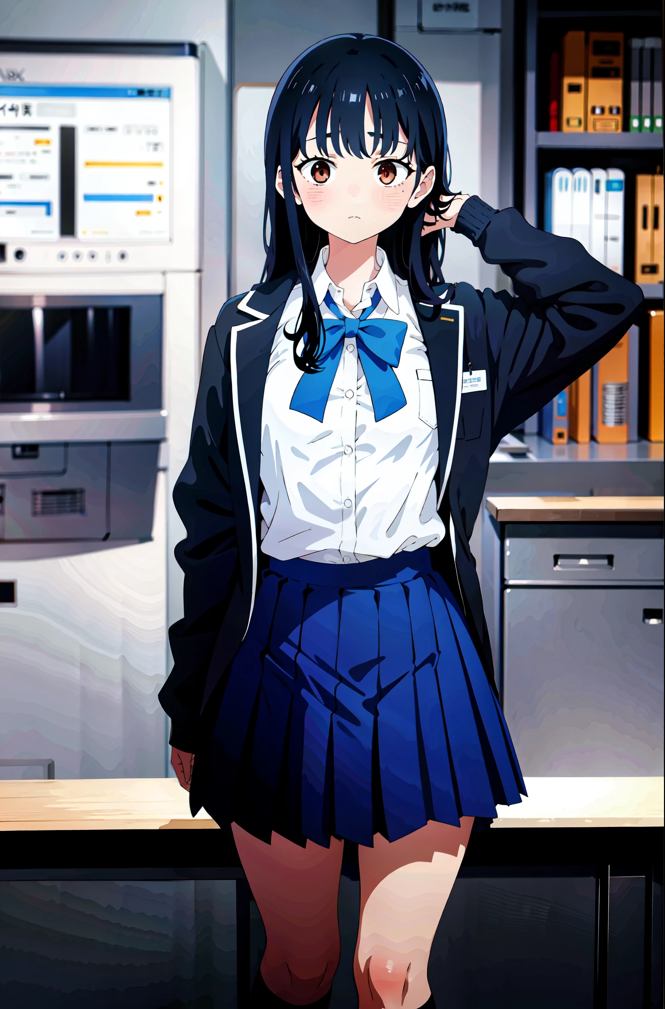 1girl, Yamada Anna, long hair, dark blue jacket, white collared shirt, partially unbuttoned, dark blue pleated skirt, , open clothes, long sleeves, medium breast, black lagwear, kneehighs, white footwear, uwabaki, (masterpiece:1.2), highres, best quality, 8k, very clear,