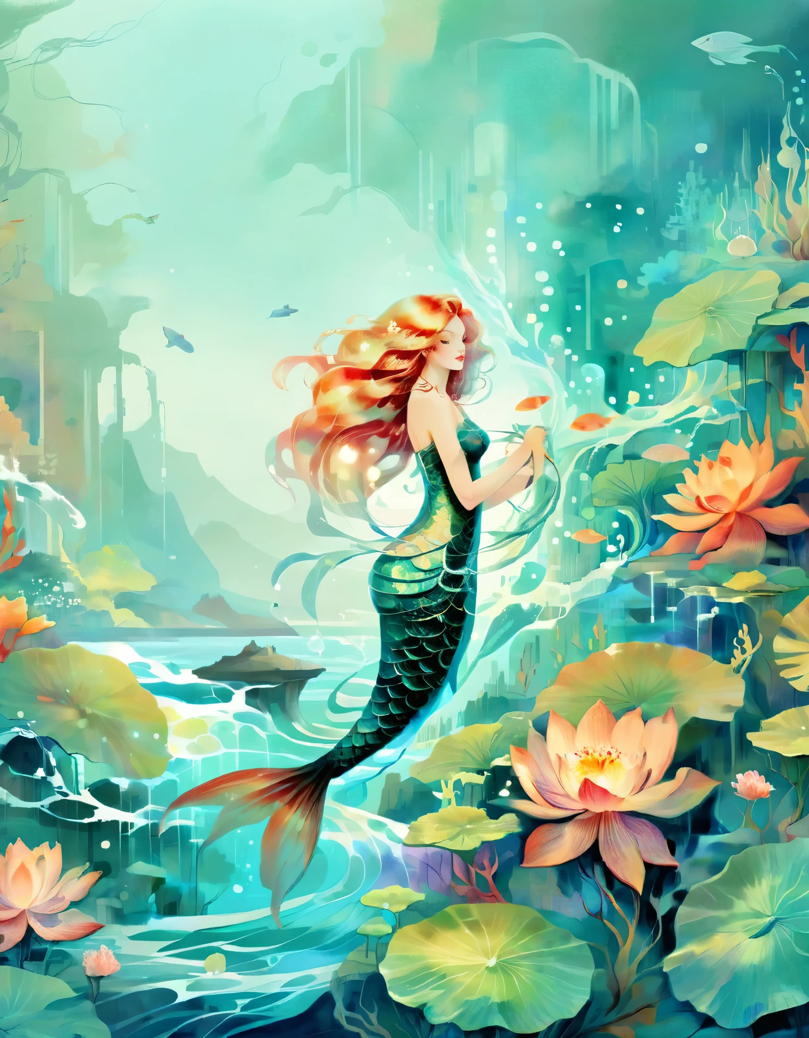 Tropical Island Mermaid by Victo Ngai and Anna Dittmann, flowerpunk, serene stylized, ocean, ukiyo-e, beksinski, leonid afremov
