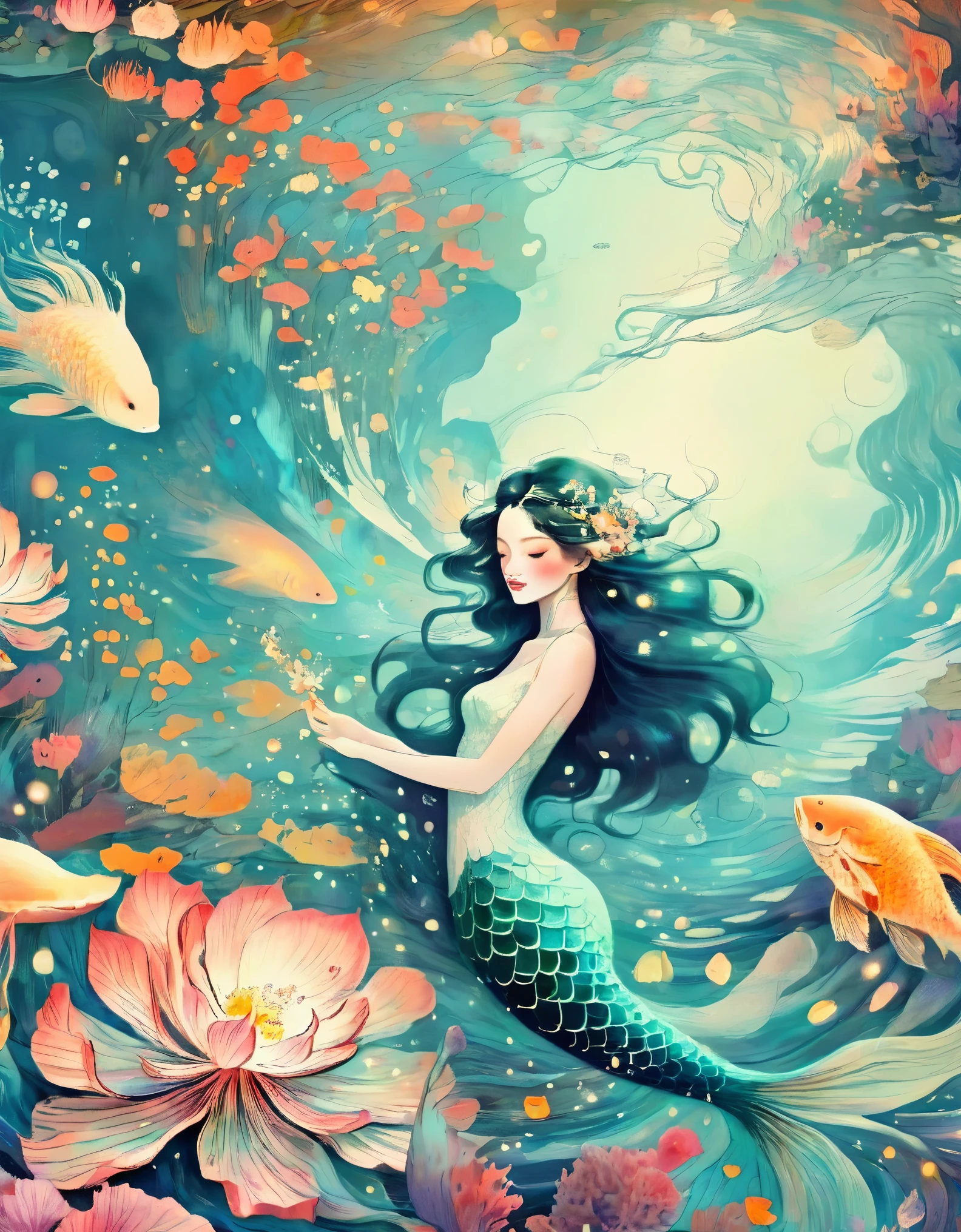 Tropical Island Mermaid by Victo Ngai and Anna Dittmann, flowerpunk, serene stylized, ocean, ukiyo-e, beksinski, leonid afremov
