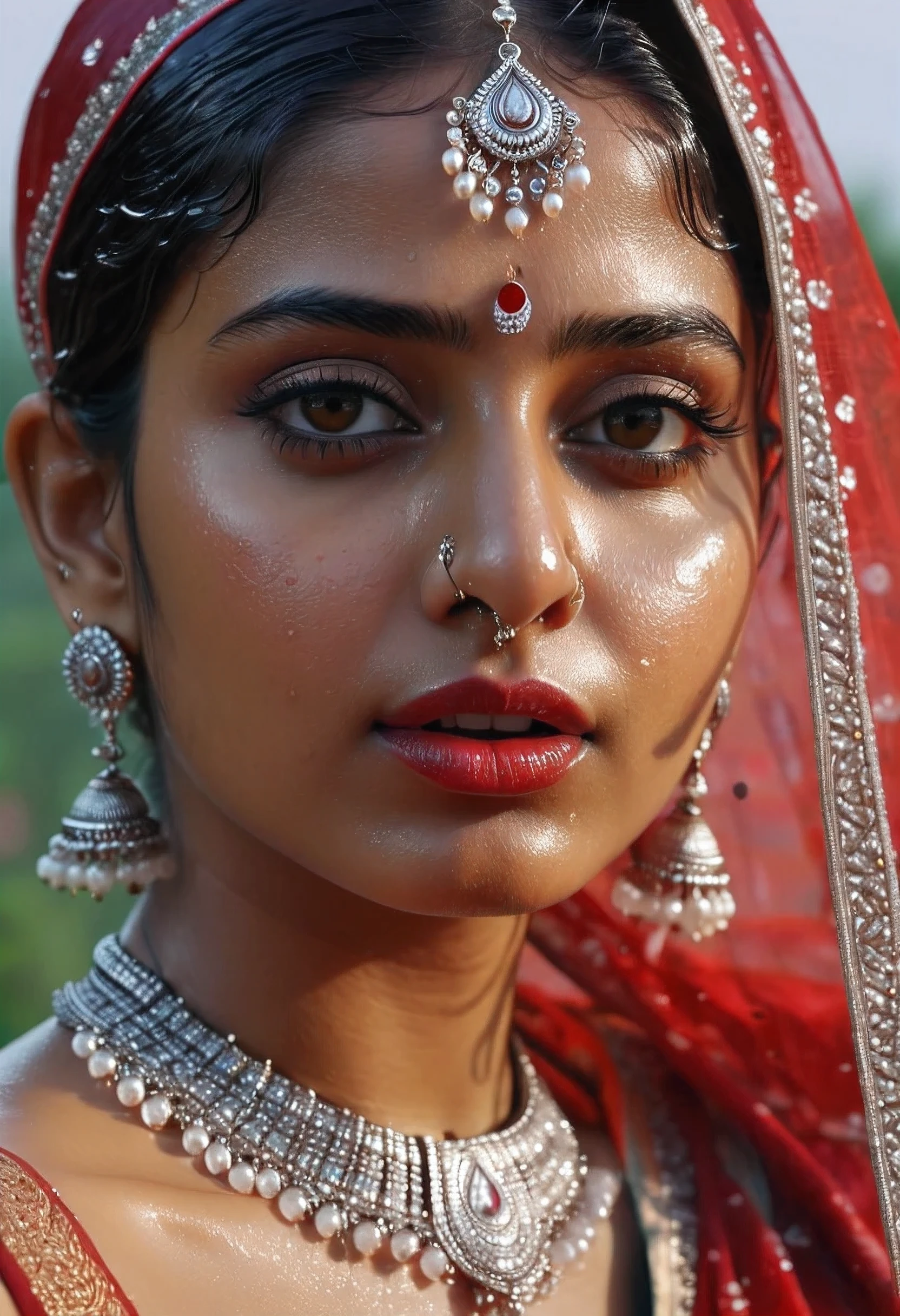 Masterpiece, best quality, ultra detailed, high resolution, photorealistic, picture of an Indian girl, wearing a transparent, wet, sari, wearing jewelry, nose and lip rings, nipple rings, Bigboobs, red hair, out-zoom, full frame, 8K, FHD,