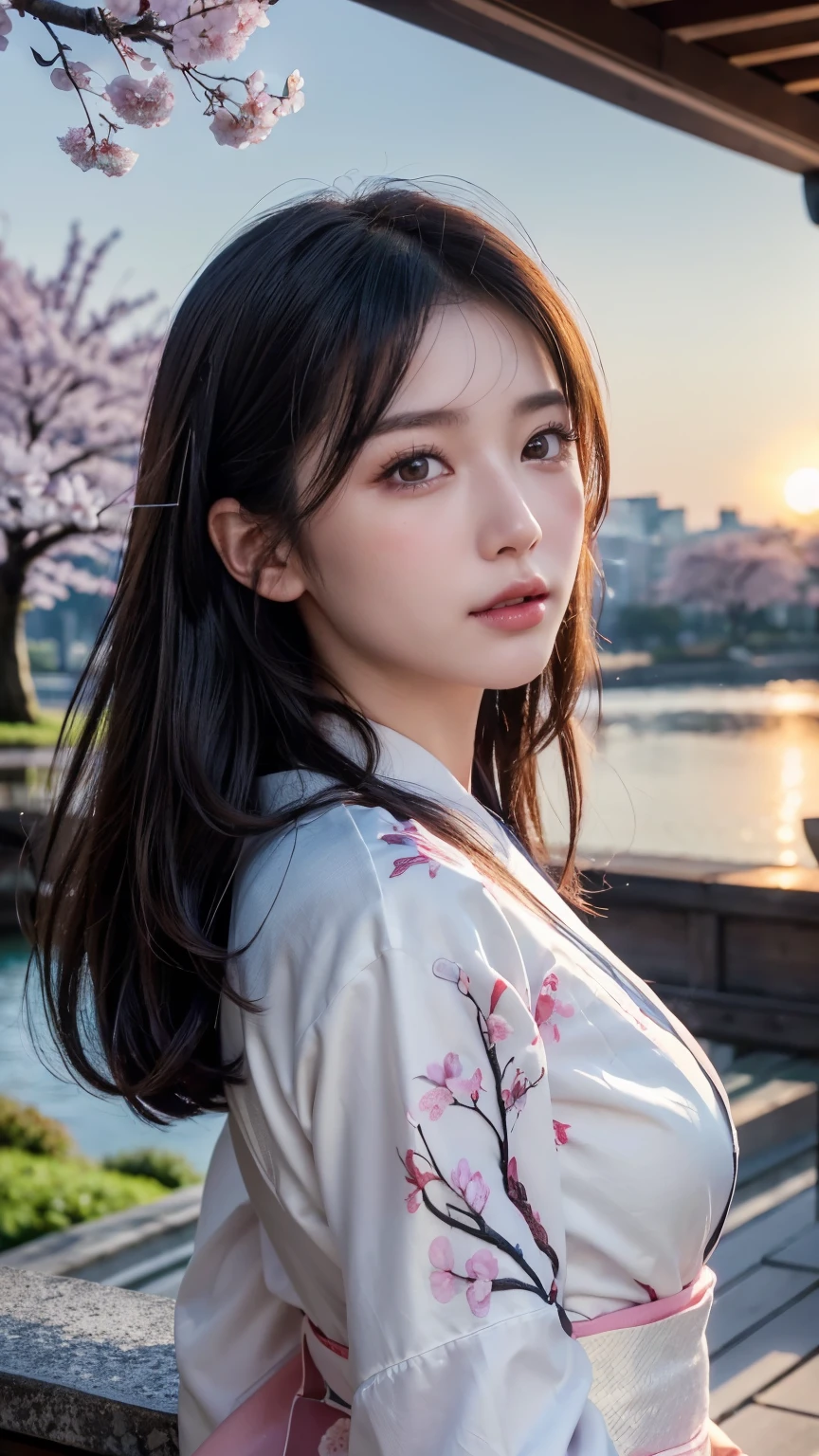 (logo、masterpiece、8k、table top、RAW photo、wonderful、最high quality、Photorealistic and hvery detailed CG integrated 8k wallpaper、high quality、very detailed、narrative poem、particle effects、dynamic effects、Depth of the bounds written、cinematic light、Lens flare、ray tracing)、fantasy、 (1 beautiful woman、white kimono、Japan Dresses、white cherry blossom pattern、White cherry blossom embroidery pattern、black haired、beautiful face、real face、beautiful details eyes beautiful skin)、Hair flutters in Wind、hair bounces、pink cherry tree、petals dance、SakuraFubuki、Spectacular view、sunrise、sun on background、Wind、god々、tooth、god story、vast land、