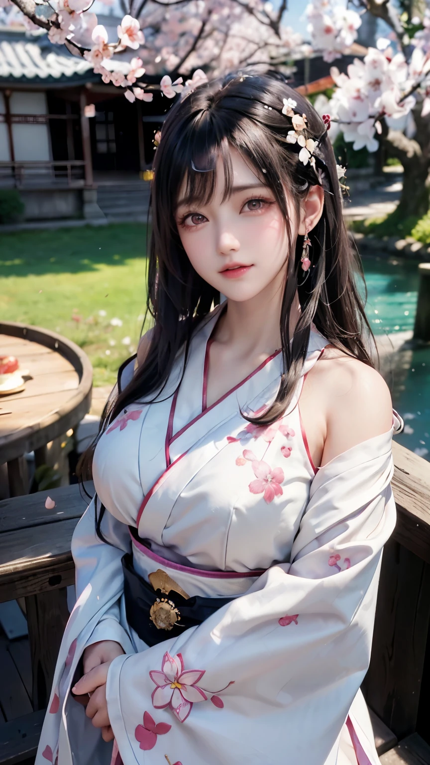 (Logo, Masterpiece, 8k, Tabletop, RAW Photo, Amazing, Top Quality, Photorealistic and Highly Detailed CG Integrated 8k Wallpaper, High Quality, Highly Detailed, Narrative Poetry, Particle Effects, Dynamic Effects, Character Boundary Depth, Cinematic lights, lens flares, ray tracing), fantasy, (single beautiful woman, white kimono, Japanese clothing, white cherry blossom pattern, white cherry blossom embroidery pattern, black hair, beautiful face, real face, beautiful eyes in detail, beautiful skin, long hair) Hair fluttering in the wind, long hair bouncing, long hair dancing in the wind), (cherry blossoms, cherry tree, cherry blossom petals dancing, cherry blossom blizzard, falling petals), hair fluttering in the wind, hair bouncing, pink cherry blossoms, Dancing petals, cherry blossom snowstorm, wonderful scenery, sunrise, background sun, wind, gods, teeth, stories of gods, vast land