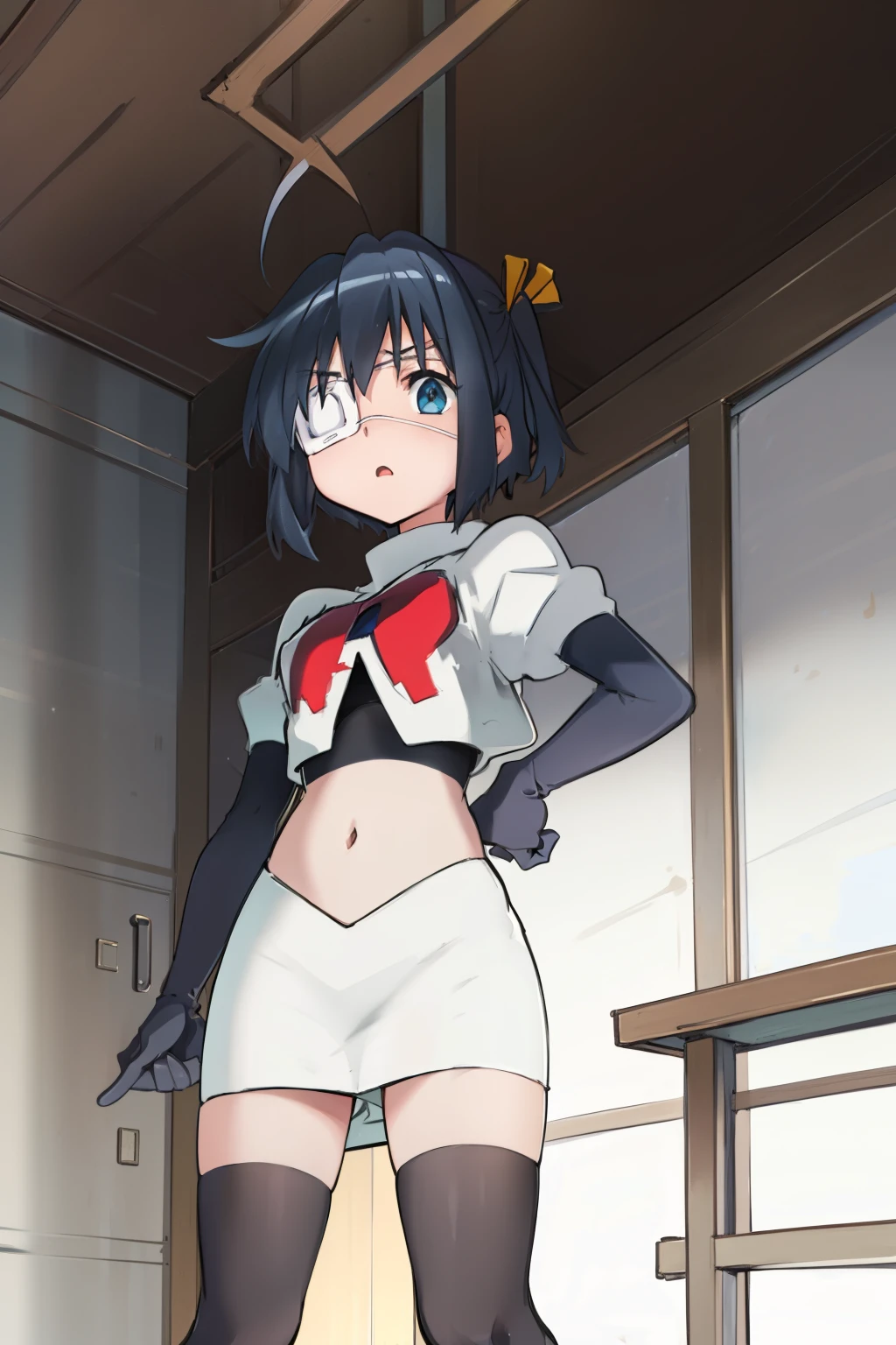 ph rikka, 1girl, :o, jacket, blazer, aqua eyes,team rocket,team rocket uniform, red letter R, white skirt,white crop top,black thigh-highs,black elbow gloves