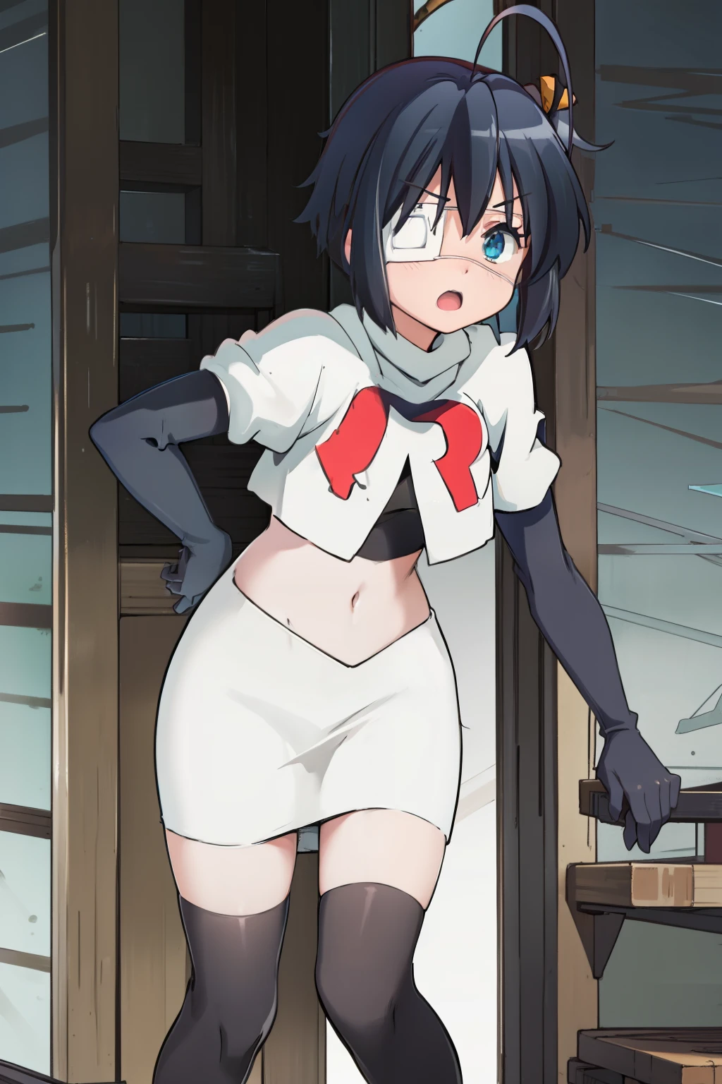 ph rikka, 1girl, :o, jacket, blazer, aqua eyes,team rocket,team rocket uniform, red letter R, white skirt,white crop top,black thigh-highs,black elbow gloves