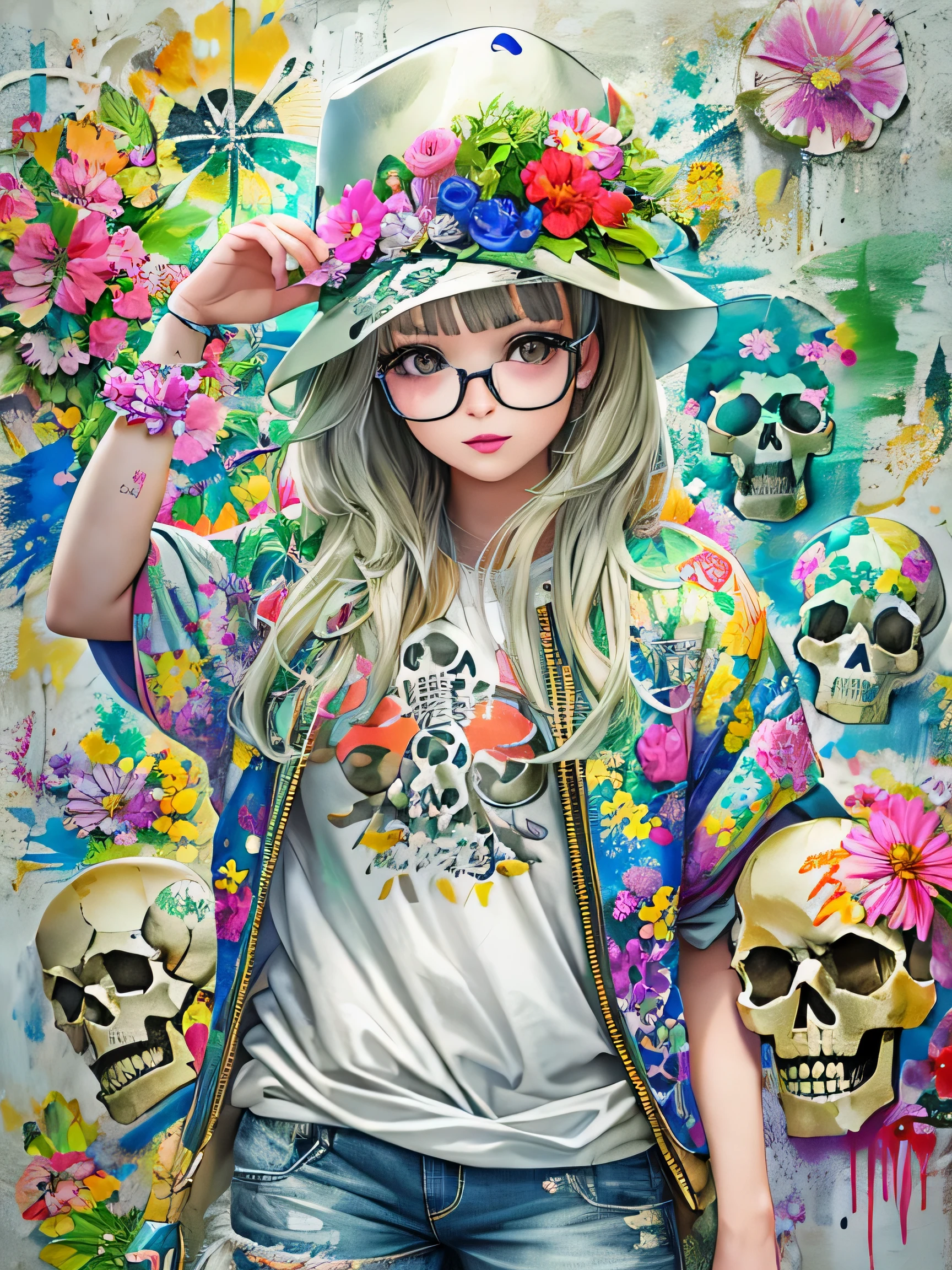 8K quality, watercolor painting, stylish design, (((The strongest beautiful girl of all time))), (((Japanese)))、Idol、clear, stylish glasses, Fashionable hats, (((highest quality))), bob hair, put your hand on the wall, HDR, ((Detailed details)), (((skull fashion))), detailed clothing texture, (((graffiti art))), colorful hair, ((masterpiece))、((Super detailed))、(((colorful flowers)))