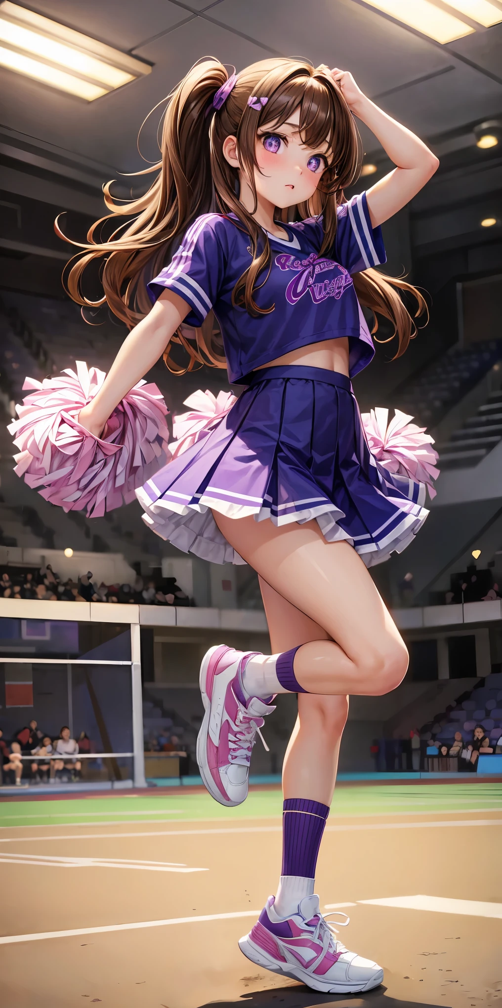 masterpiece:1.2, high quality, best quality, Gymnasium, hime cut, wavy hair, brown hair, purple eys, heart shaped pupils, looking back, cheerleader, white socks calf socks mid-calf socks, sneakers,1 girl, surprised, arm up, shoot from front, full body