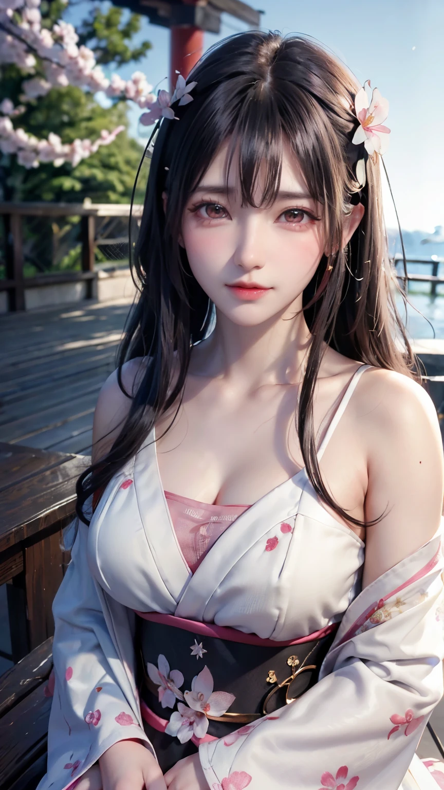 A close up of a woman in a kimono dress sitting on a bench - SeaArt AI