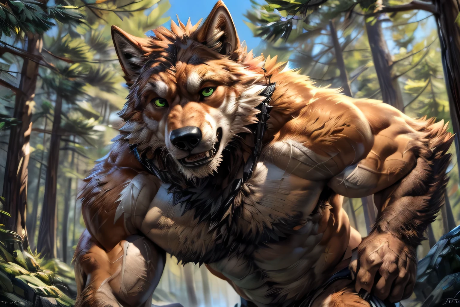 musculoso salvaje:1.2 Hombre-lobo, posing for the camera. 4k, high resolution, Mejor calidad, colores perfectos, sombras perfectas, perfect lighting, publicado en e621, pelaje naranjary body, pelaje naranja, pecho blanco, barba negra, lobo salvaje, Hombre-lobo, solo, male, adulto, ojos verdes, ojos realistas, looking to the camera, masculino, (muscular, estructura densa:1.4, Hombros musculosos, pectorales fuertes), correct anatomy, cuerpo de papa, (piel fotorrealista, piel detallada, epic, obra maestra:1.2), (bosque detallado, correr, luz solar:1.2), sombras sexys, (por echin, por taran violinista, por Takemoto Arashi, por traver009, por Juiceps), (ojos detallados:1.2), Impressive physique, luchando, cara molesta, Exhausto, ojos detallados, looking to the camera, (de cerca):1