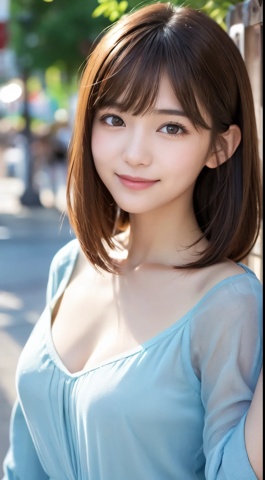 (muste piece:1.3)、High resolution、Super detailed、Highly detailed CG Unity 8K wallpaper、real、フォトreal、Raw photo、beautiful detailed face、white skin、realなグリッタースキン、detailed cloth texture、detailed hair texture、beautiful face、correct、anatomically correct、Highly detailed face and skin texture、natural neck length、(Fair skin:1.2)、(solo)、brown hair、⦅medium hair⦆、With bangs、Japan female, 20 years old、detailed eyes、Harajuku、realでかわいい写真、⦅smile1.6⦆looking at the camera、medium breasts、(selfie)、⦅Cute Smile 1.6⦆、