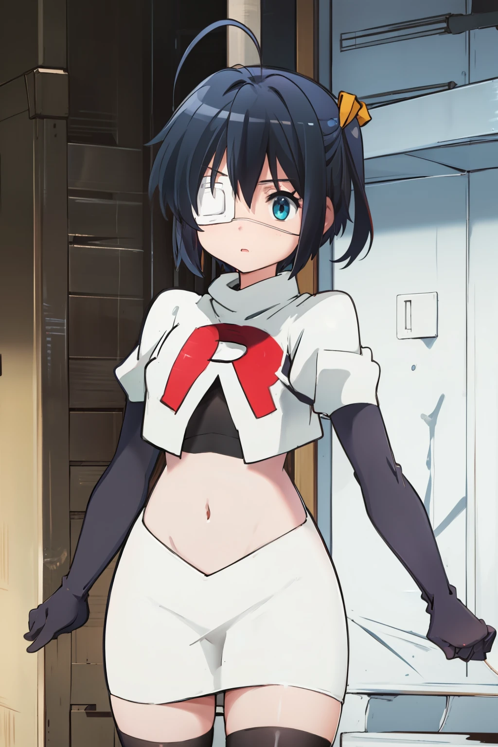 ph rikka, 1girl, :o, jacket, blazer, aqua eyes,team rocket,team rocket uniform, red letter R, white skirt,white crop top,black thigh-highs,black elbow gloves
