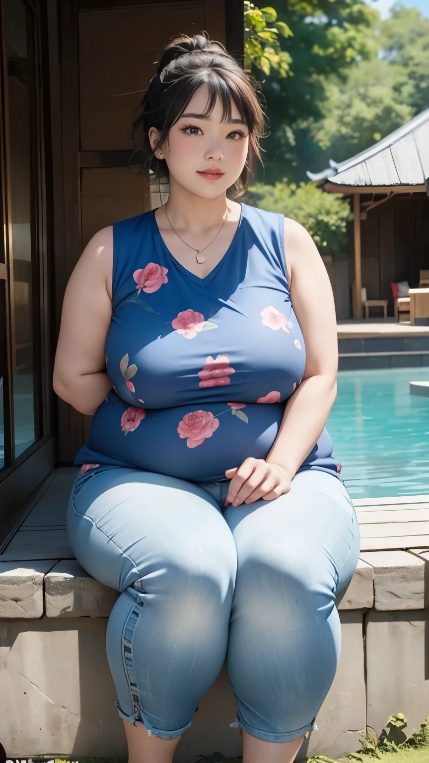((中景 the scene is,A full body))1 girl, Obese body, generous dimensions, face round, double chin, Overweight,Short hair tied up ,Sleeveless blue and red floral shirt,Highlight the breasts,Put her weight on her stomach,looks into camera,Country garden background,ssmile,