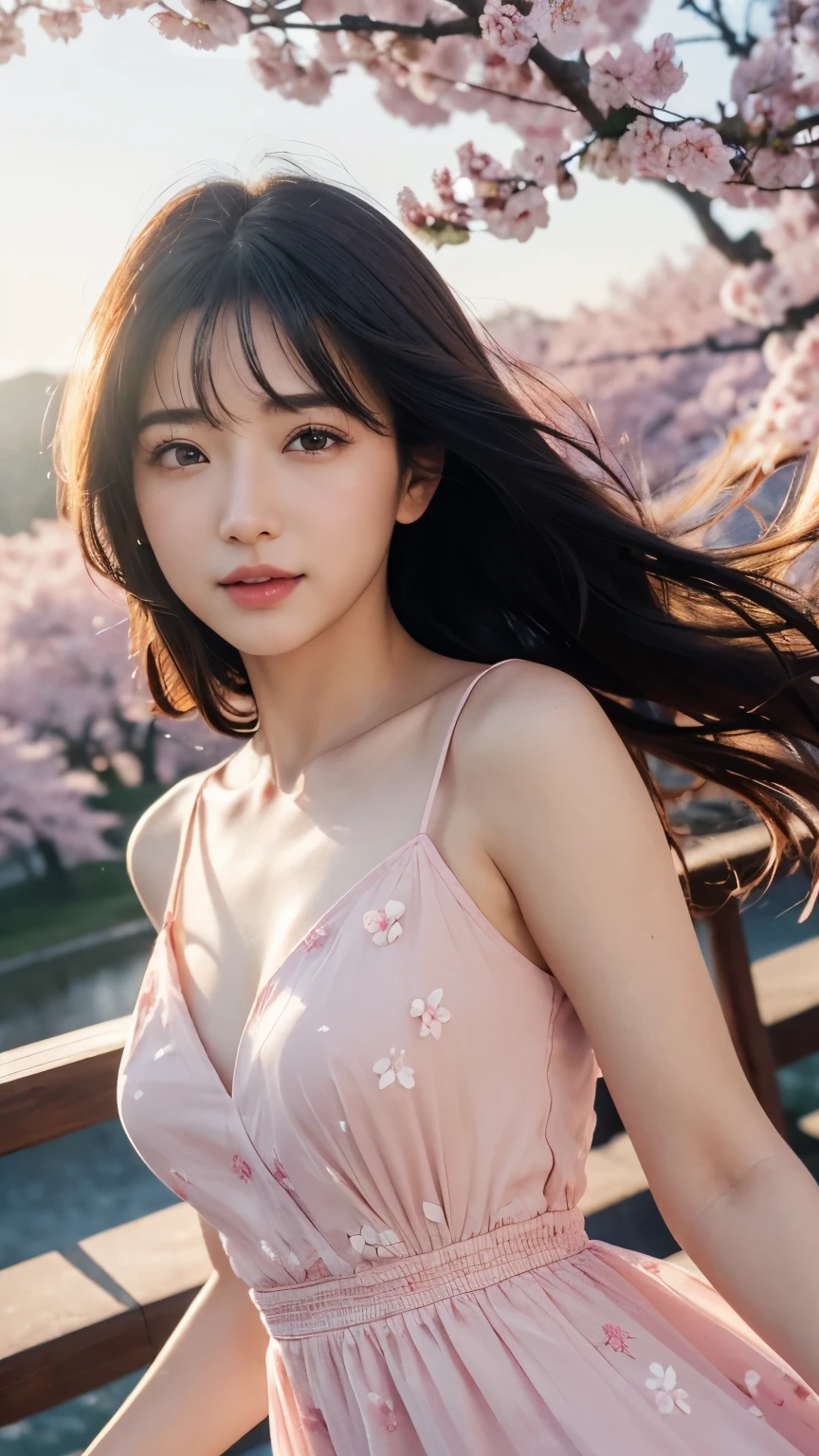 (logo、masterpiece、8k、table top、RAW photo、wonderful、最high quality、Photorealistic and very detailed CG integrated 8k wallpaper、high quality、very detailed、Narrative poem、particle effects、dynamic effects、written boundary depth、cinematic light、Lens flare、ray tracing)、fantasy、 (1 beautiful woman、dress、dress、cherry blossom pattern、black haired、beautiful face、real face、beautiful details eyes beautiful skin)、My hair dances in the wind、Hair flutters in Wind、hair jump、pink cherry tree、petals dance、SakuraFubuki、wonderful scenery、sunrise、sun on background、Wind