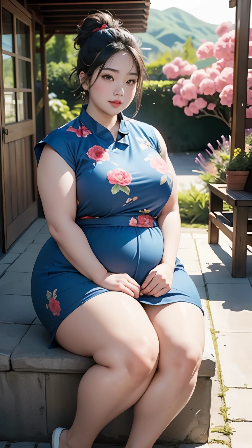 ((中景 the scene is，A full body))1 girl, Obese body, generous dimensions, face round, double chin, Overweight,Short hair tied up ,Sleeveless blue and red floral shirt，Highlight the breasts，Put her weight on her stomach，looks into camera，Country garden background，ssmile，