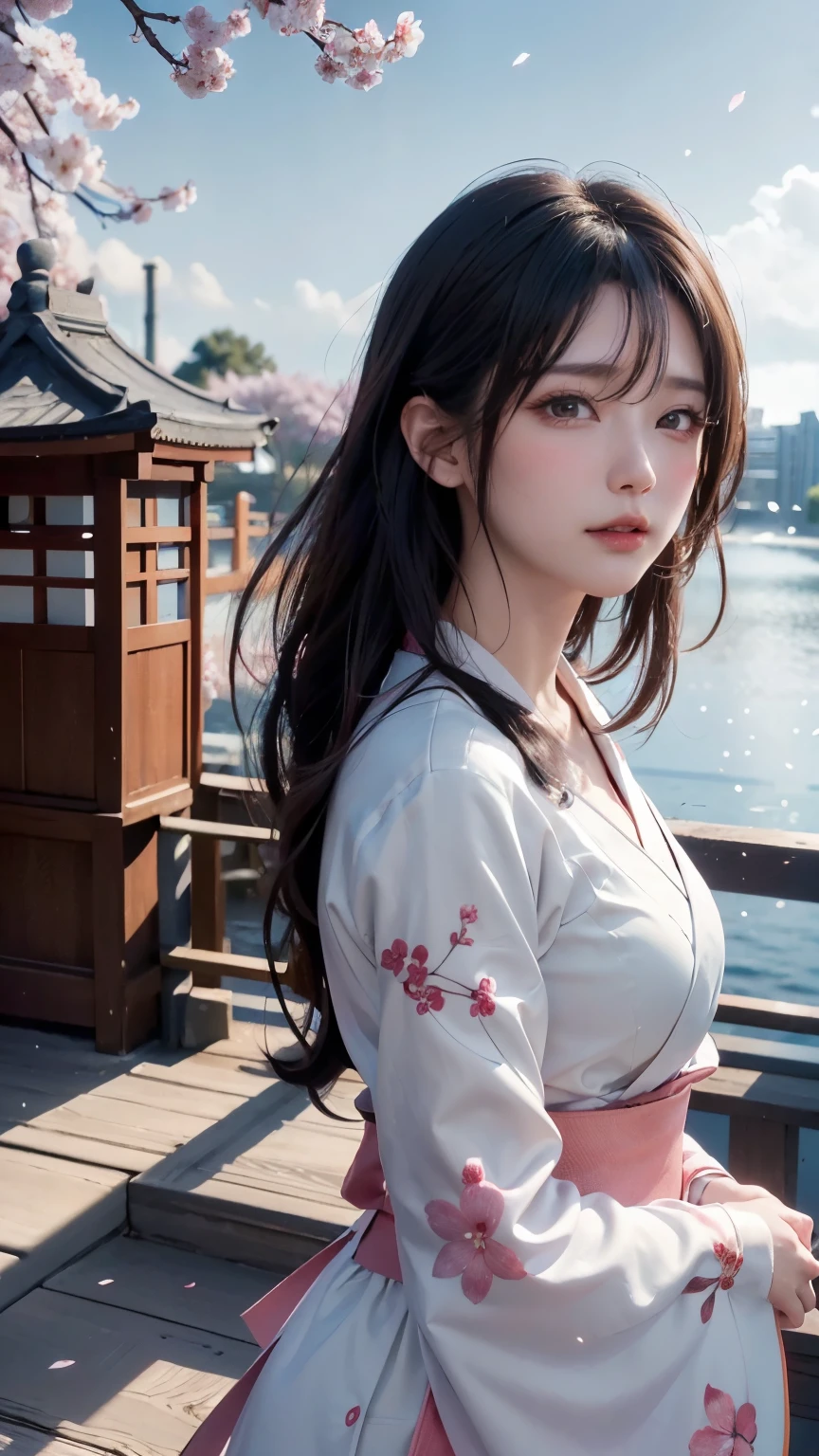 (logo、masterpiece、8k、table top、RAW photo、wonderful、最high quality、Photorealistic and hvery detailed CG integrated 8k wallpaper、high quality、very detailed、narrative poem、particle effects、dynamic effects、Depth of the bounds written、cinematic light、Lens flare、ray tracing)、fantasy、 (1 beautiful woman、white kimono、Japan Dresses、white cherry blossom pattern、White cherry blossom embroidery pattern、black haired、beautiful face、real face、beautiful details eyes beautiful skin)、Hair flutters in Wind、hair bounces、pink cherry tree、petals dance、SakuraFubuki、Spectacular view、sunrise、sun on background、Wind、god々、tooth、god story、vast land
