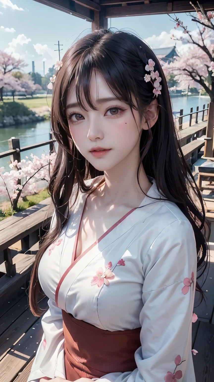 (logo、masterpiece、8k、table top、RAW photo、wonderful、最high quality、Photorealistic and hvery detailed CG integrated 8k wallpaper、high quality、very detailed、Narrative poem、particle effects、dynamic effects、written boundary depth、cinematic light、Lens flare、ray tracing)、fantasy、 (1 beautiful woman、white kimono、Japan Dress、white cherry blossom pattern、White cherry blossom embroidery pattern、black haired、beautiful face、real face、beautiful details eyes beautiful skin)、Hair flutters in Wind、hair bounces、pink cherry tree、petals dance、SakuraFubuki、wonderful scenery、sunrise、sun on background、Wind、god々、teeth、god story、vast land