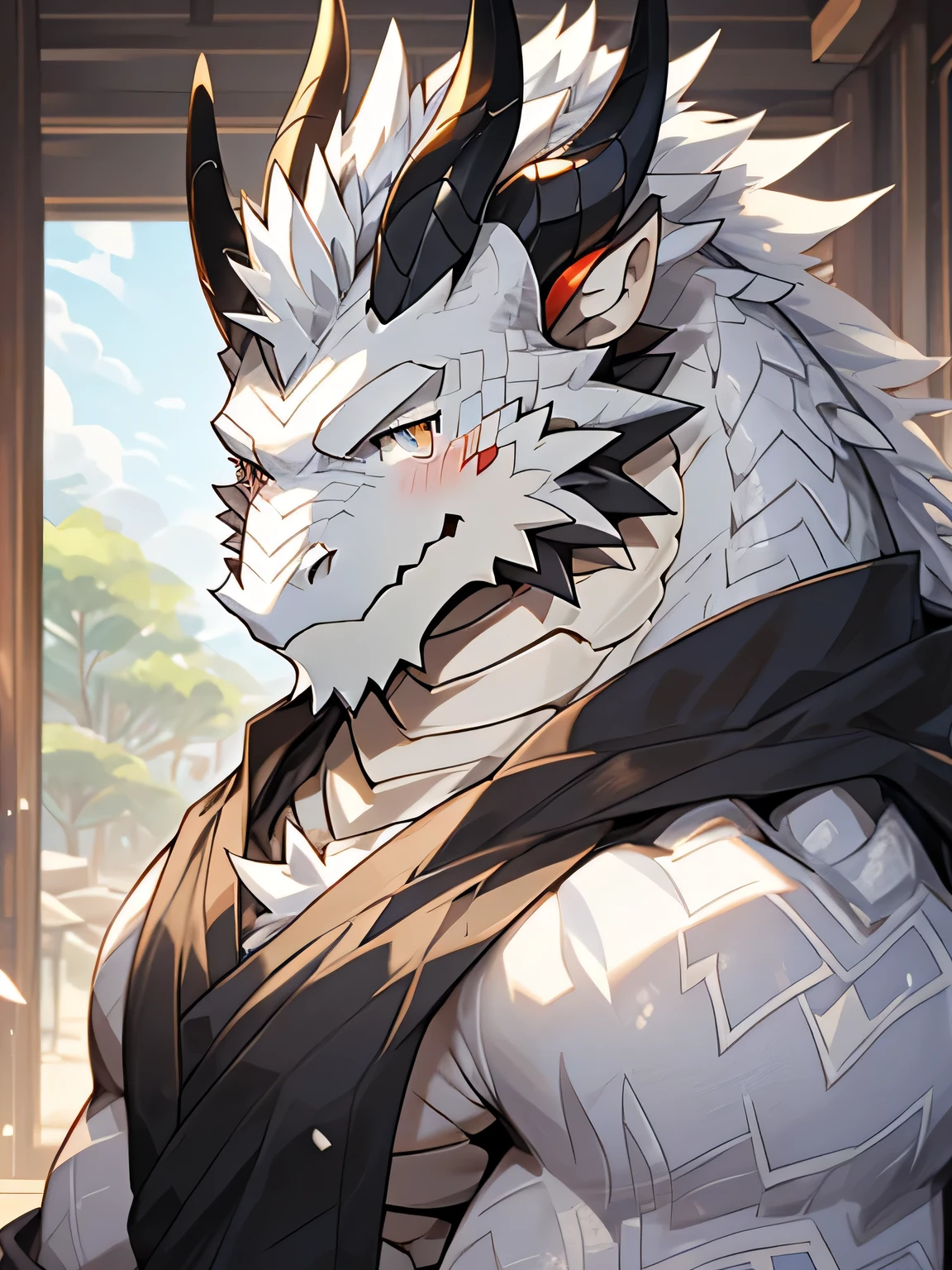 White Dragon Man:1.3, alone, vertical pupil,Eye, (elongated), Slim, (Eye anthro dragon):1.3, (The body has silvery white scales:1.4), white belly, (beast wild:1.4), There are silver scales all over the body , 细致的Eye, ((portrait)), (细致的Eye, 蓝Eye, 明亮的Eye):1.1, robe , The art of math, masterpiece, anime style,mane on neck:2,Baihuijiao:1.4,lying flat on bed:1.7,There is a blush on the face:1.5,topless:1.7