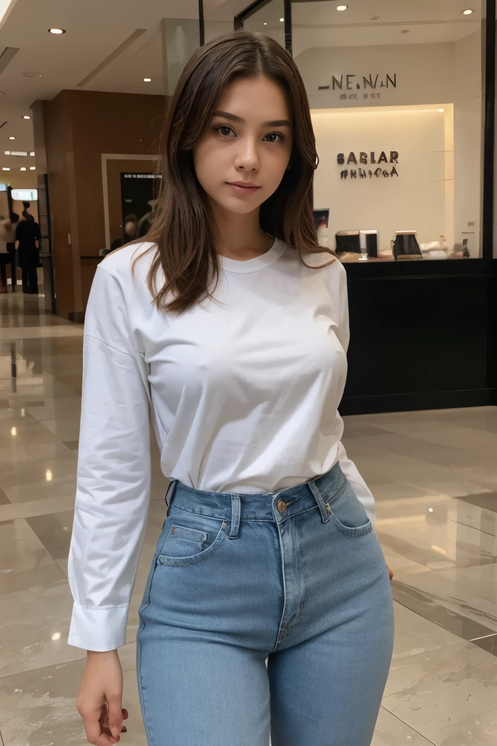 extremely high quality, realismo, young lady at shoping mall KLCC white shirt with tight jeans detailed hand.