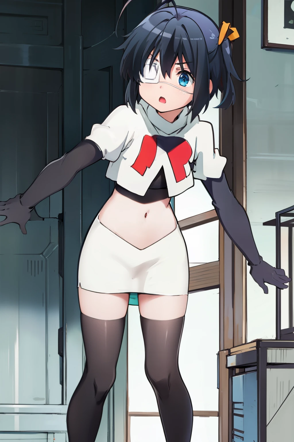 ph rikka, 1girl, :o, jacket, blazer, aqua eyes,team rocket,team rocket uniform, red letter R, white skirt,white crop top,black thigh-highs,black elbow gloves