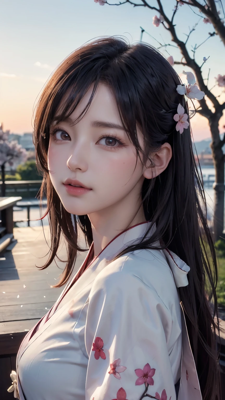 (logo、masterpiece、8k、table top、RAW photo、wonderful、最high quality、Photorealistic and hvery detailed CG integrated 8k wallpaper、high quality、very detailed、narrative poem、particle effects、dynamic effects、Depth of the bounds written、cinematic light、Lens flare、ray tracing)、fantasy、 (1 beautiful woman、white kimono、Japan Dresses、white cherry blossom pattern、White cherry blossom embroidery pattern、black haired、beautiful face、real face、beautiful details eyes beautiful skin)、Hair flutters in Wind、hair bounces、pink cherry tree、petals dance、SakuraFubuki、Spectacular view、sunrise、sun on background、Wind、god々、tooth、god story、vast land、