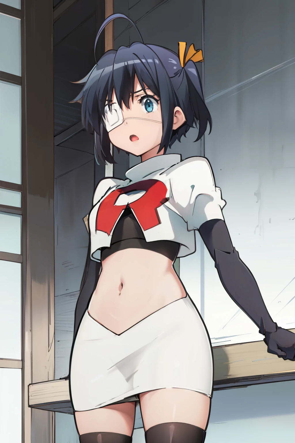 ph rikka, 1girl, :o, jacket, blazer, aqua eyes,team rocket,team rocket uniform, red letter R, white skirt,white crop top,black thigh-highs,black elbow gloves