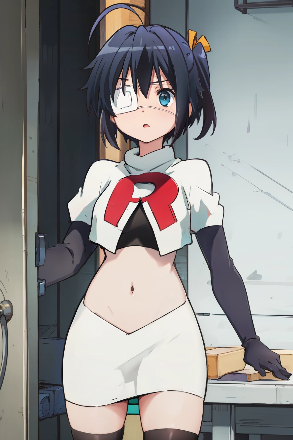 ph rikka, 1girl, :o, jacket, blazer, aqua eyes,team rocket,team rocket uniform, red letter R, white skirt,white crop top,black thigh-highs,black elbow gloves