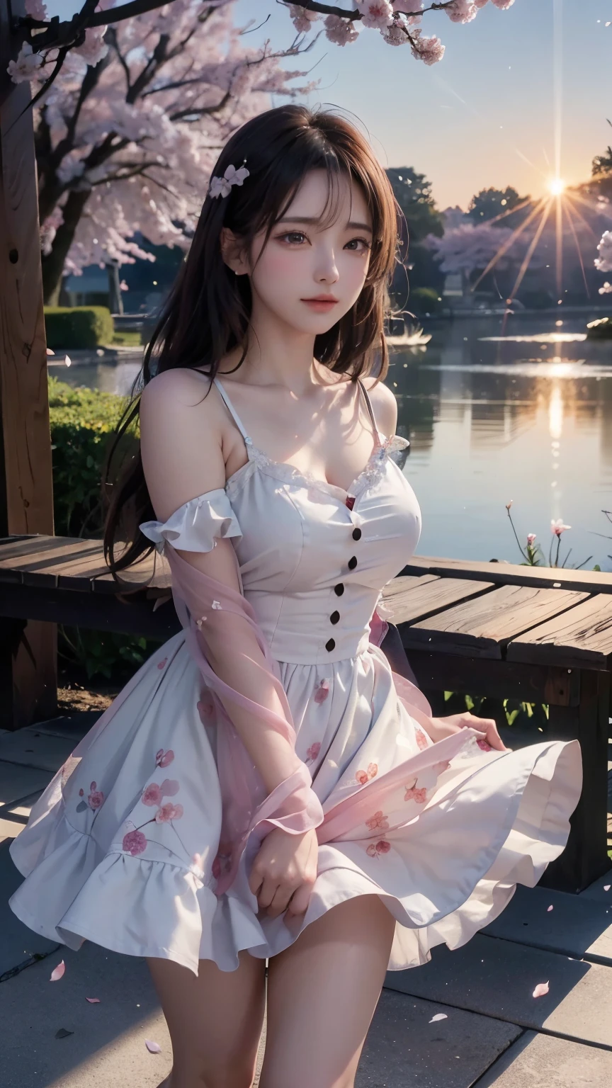 (logo、masterpiece、8K、table top、RAW photo、wonderful、最high quality、Photorealistic and very detailed CG integrated 8k wallpaper、high quality、very detailed、narrative poem、particle effects、dynamic effect、Depth of bounds written、cinematic light、Lens flare、ray tracing)、fantasy、 (1 beautiful woman、dress、dress、Cherry blossom pattern、black haired、beautiful face、real face、beautiful details eyes beautiful skin)、My hair dances in the wind、Hair flutters in Wind、hair jump、pink cherry tree、petals dance、SakuraFubuki、wonderful scenery、sunrise、sun on background、Wind、