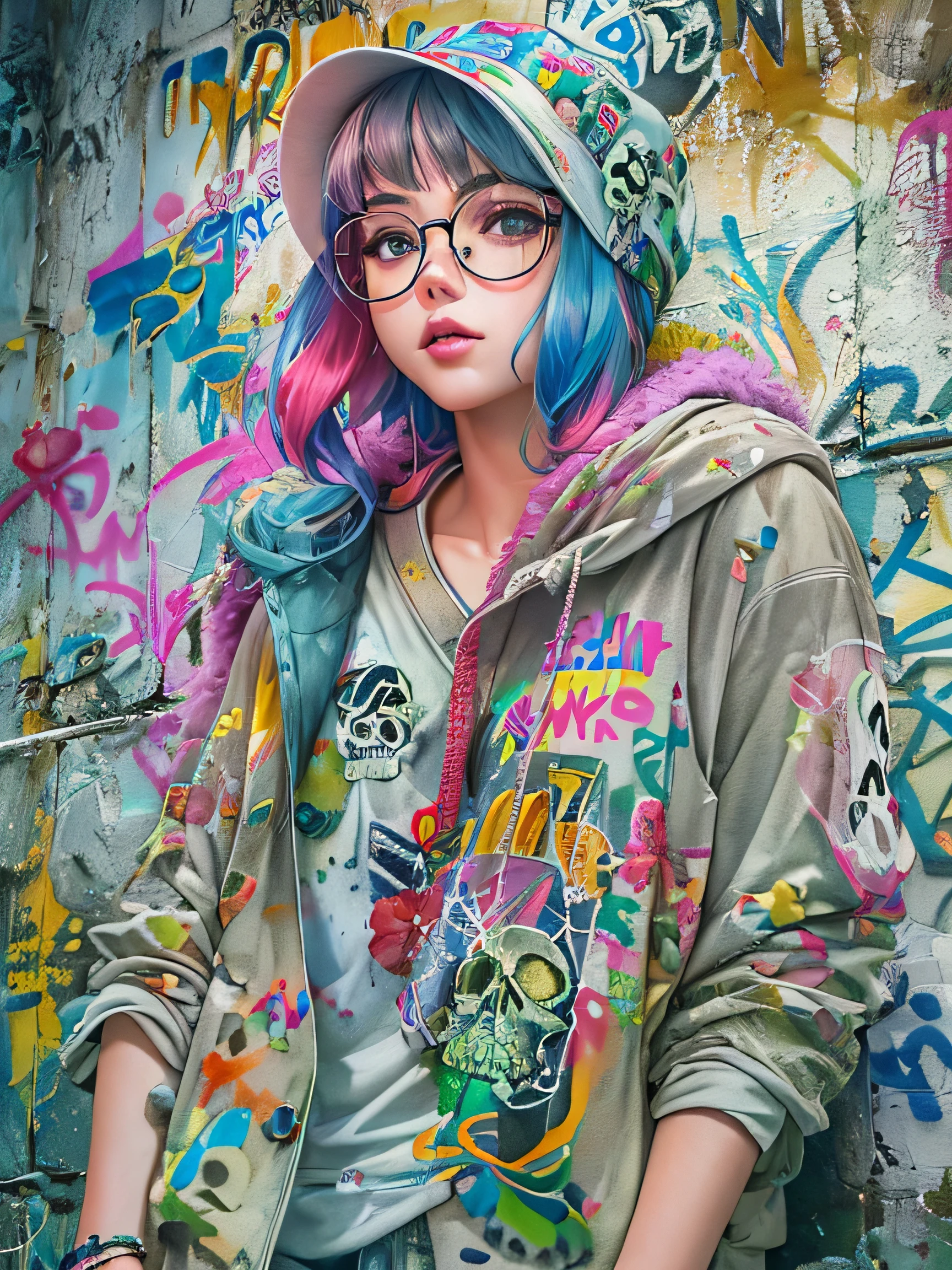 8K quality, watercolor painting, stylish design, (((The strongest beautiful girl of all time))), (((Japanese)))、Idol、clear, stylish glasses, Fashionable hats, (((highest quality))), bob hair, Place your hands on the wall, HDR, ((Detailed details)), (((skull fashion))), detailed clothing texture, (((graffiti art))), colorful hair, ((masterpiece))、((Super detailed))