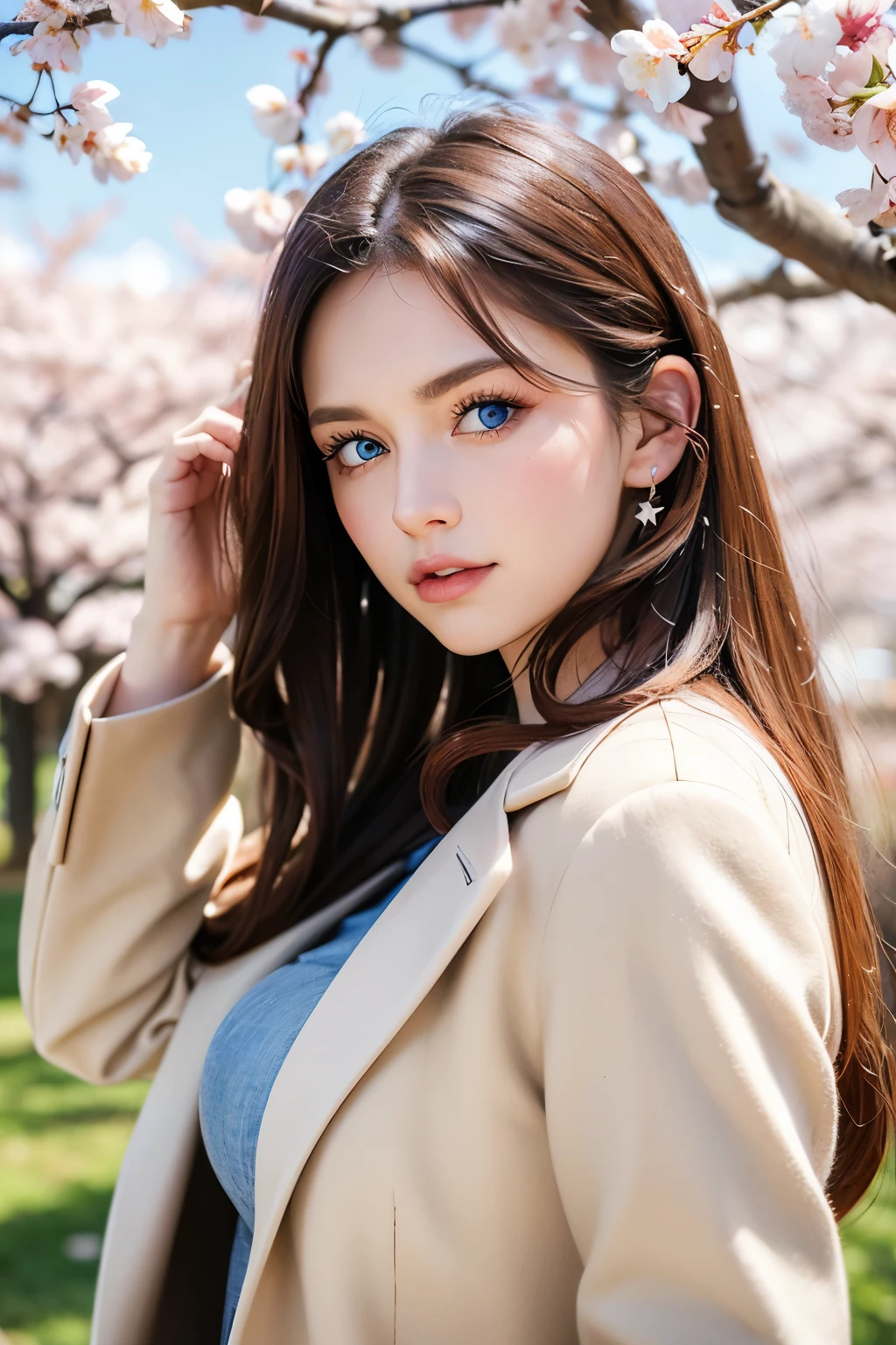 ((highest quality)), ((masterpiece)), (be familiar with), perfect face, double eyelid, (blue eyes, Big eyes), middle hair, brown hair, hair behind ears, beautiful breasts, beige long coat, jeans, ((A large amount of cherry blossoms in the background)), night, (full moon, star)