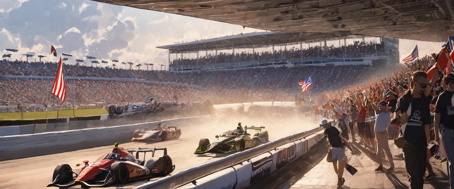 A thrilling photograph capturing the essence of the Indianapolis 500 race at the Daytona International Speedway. The track is filled with a plethora of vibrant, sleek race cars speeding at an astonishing pace, leaving trails of dust and gravel in their wake. The atmosphere is electric, with the crowd in the background, waving flags and cheering vigorously for their favorite racers. The sun starts to set, bathing the scene in a warm, golden glow. In the distance, a large American flag waves proudly, symbolizing the spirit of the race.
