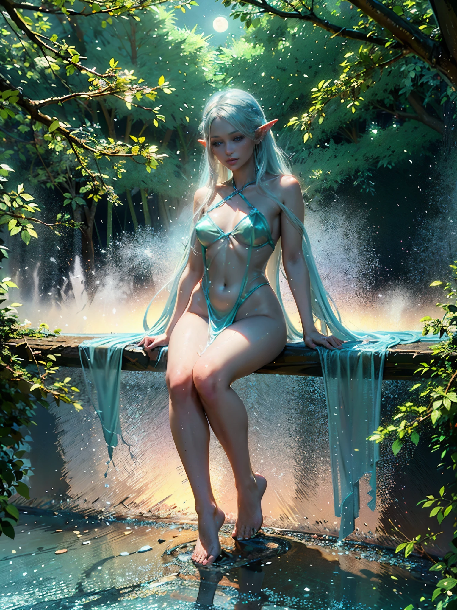 best quality,4k,8k,highres,masterpiece:1.2,ultra-detailed,realistic:1.37,detailed eyes and face,beautiful detailed eyes,beautiful detailed lips,extremely detailed eyes and face,long eyelashes,platinum hair and eyes,translucent billowing silks,moon elf, (washing thing in a waterfall), grat,HDR,UHD,studio lighting,sharp focus,physically-based rendering,extreme detail description,professional,vivid colors,bokeh,horror,moonlit,haunted woods,spider webs,seductively,mysterious atmosphere,ethereal,enchanted forest,dark shadows,moonlight streaming through trees,glowing orbs,whispering leaves,endless mist,elf-like grace,magical ambiance, power of love, (show her from head to toe, full body shot, show all of her)