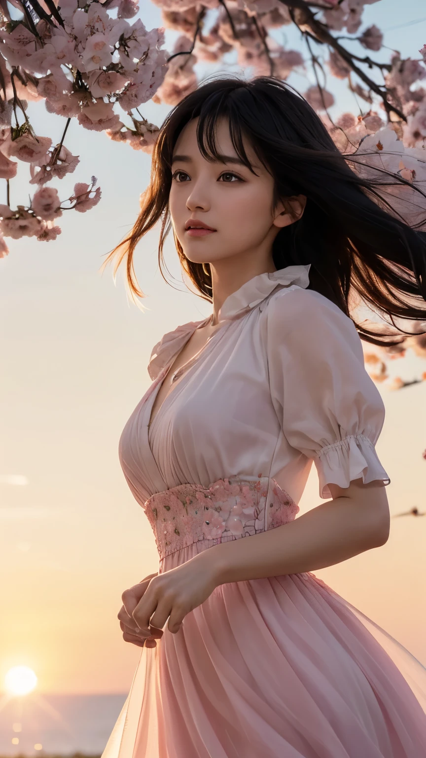 (logo、masterpiece、8k、table top、RAW photo、wonderful、最high quality、Photorealistic and very detailed CG integrated 8k wallpaper、high quality、very detailed、Narrative poem、particle effects、dynamic effects、written boundary depth、cinematic light、Lens flare、ray tracing)、fantasy、 (1 beautiful woman、dress、dress、cherry blossom pattern、black haired、beautiful face、real face、beautiful details eyes beautiful skin)、My hair dances in the wind、Hair flutters in Wind、hair jump、pink cherry tree、petals dance、SakuraFubuki、wonderful scenery、sunrise、sun on background、Wind