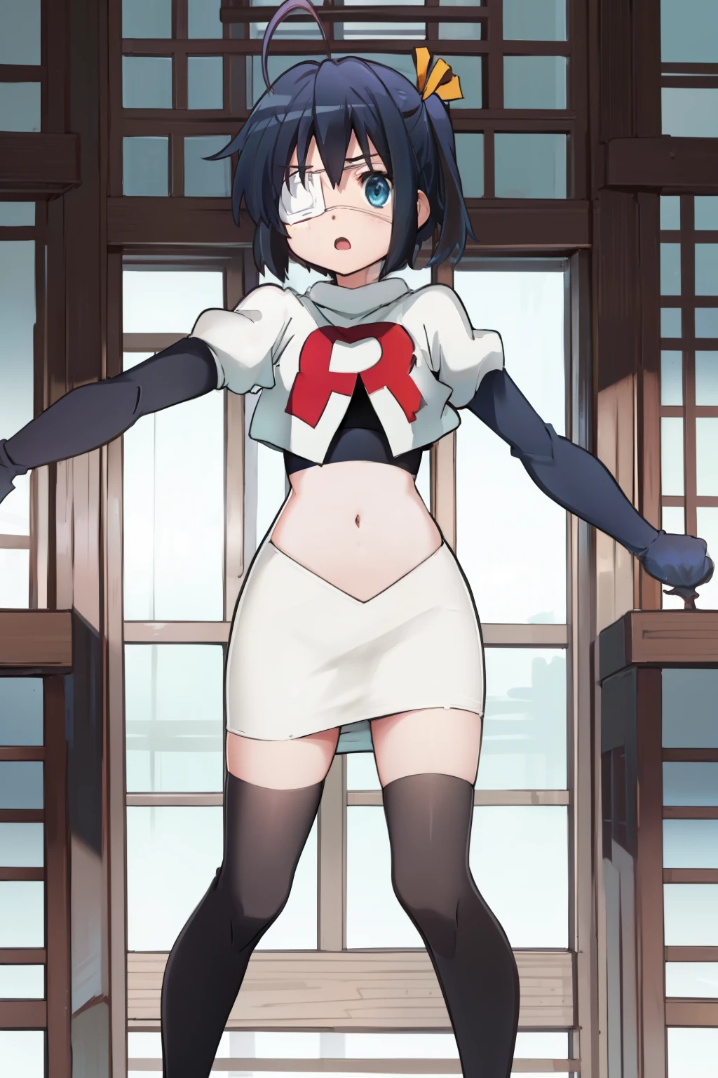 ph rikka, 1girl, :o, jacket, blazer, aqua eyes,team rocket,team rocket uniform, red letter R, white skirt,white crop top,black thigh-highs,black elbow gloves