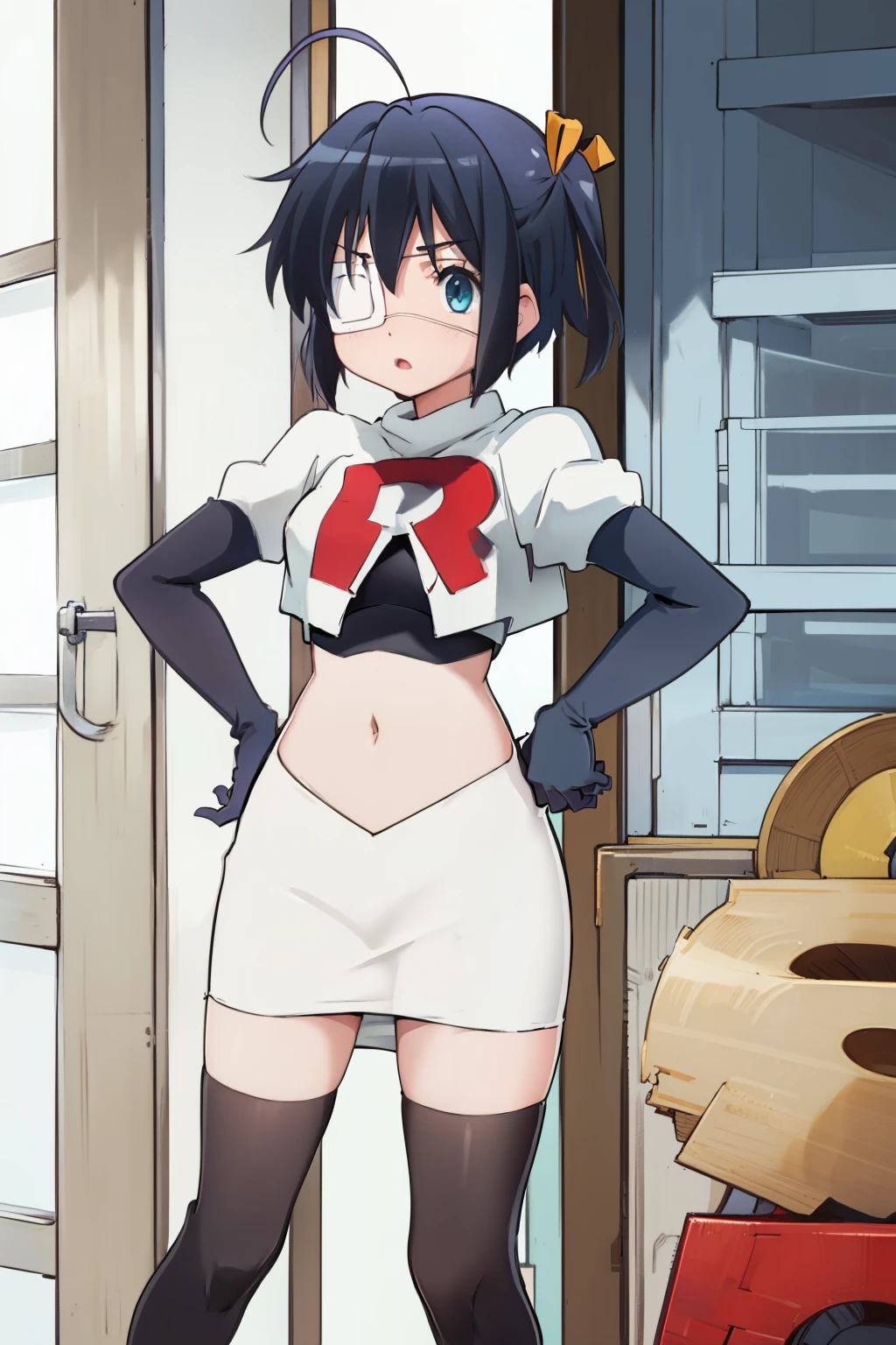 ph rikka, 1girl, :o, jacket, blazer, aqua eyes,team rocket,team rocket uniform, red letter R, white skirt,white crop top,black thigh-highs,black elbow gloves