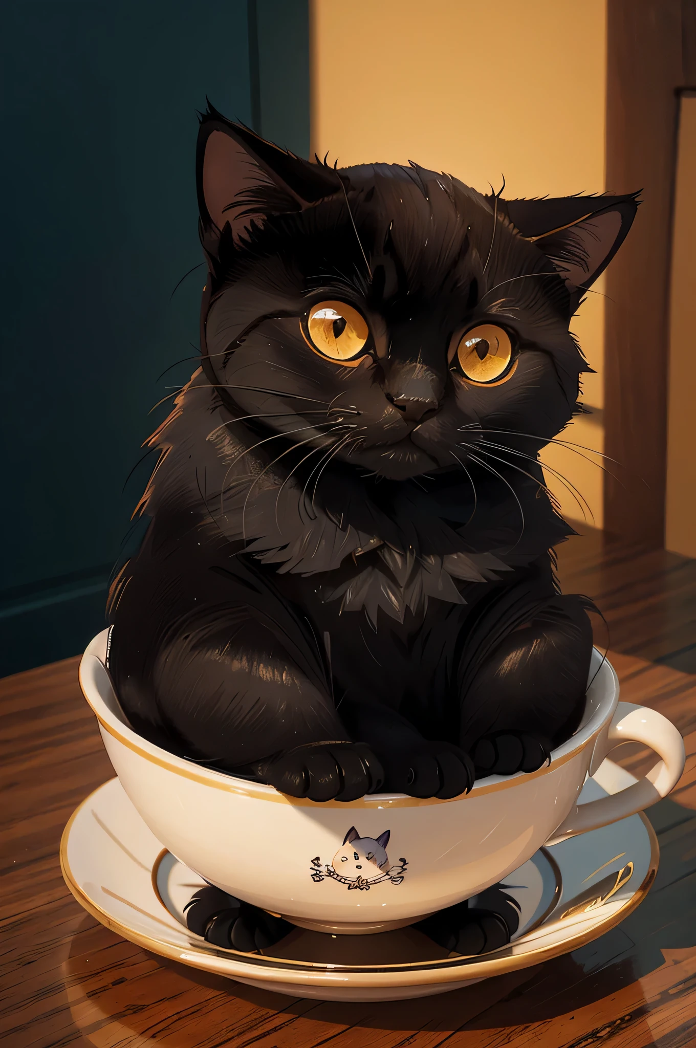 black cat kitten inside a cup of tea, face, Patas dianteiras para fora, 8k, foto profissional, delicado, Claro, Na mesa, dentro de casa, luz do sol, vazamento de luz, obra de arte, ((bonito))), Elegant cup of tea, (Realidade)