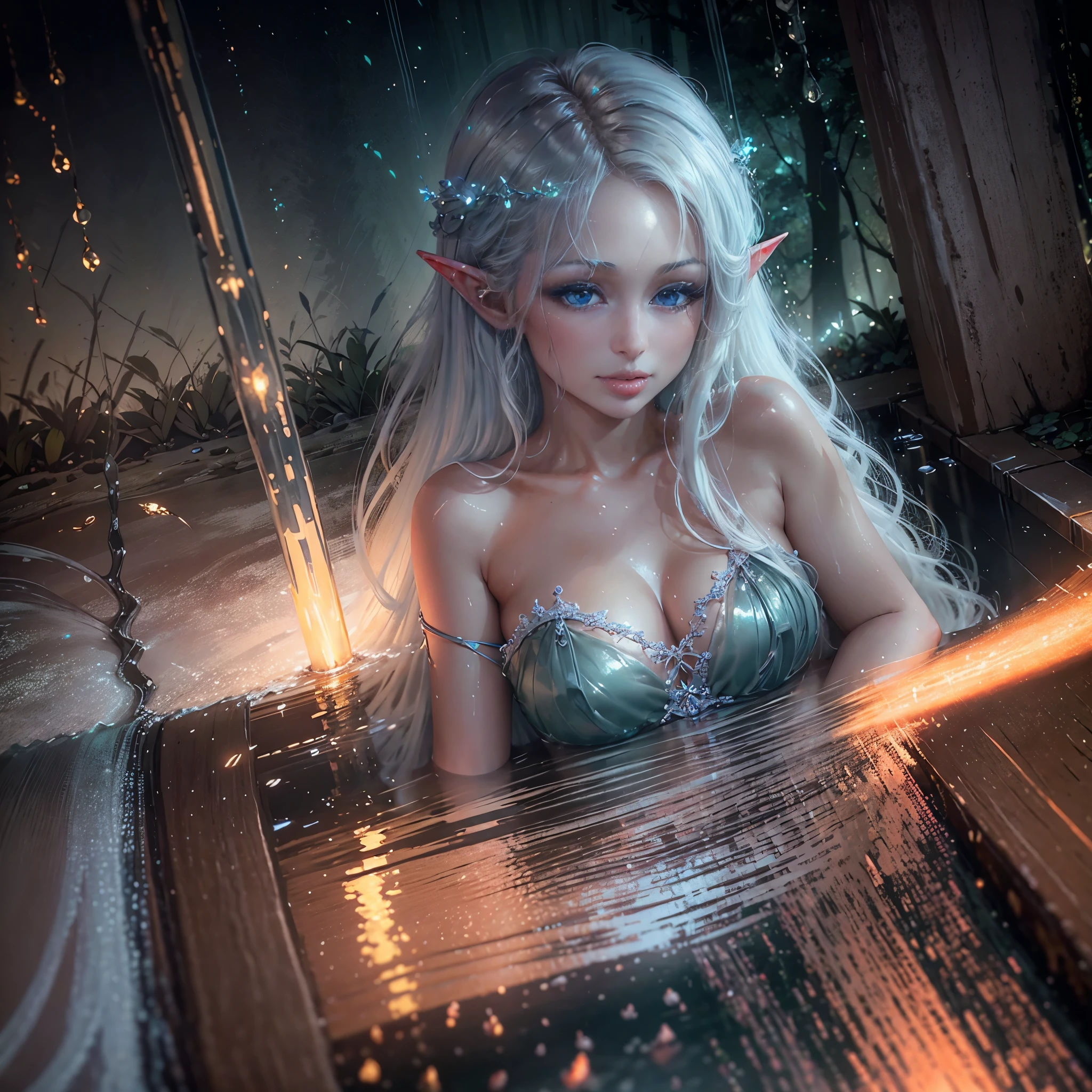 best quality,4k,8k,highres,masterpiece:1.2,ultra-detailed,realistic:1.37,detailed eyes and face,beautiful detailed eyes,beautiful detailed lips,extremely detailed eyes and face,long eyelashes,platinum hair and eyes,translucent billowing silks,moon elf, (washing thing in a waterfall), grat,HDR,UHD,studio lighting,sharp focus,physically-based rendering,extreme detail description,professional,vivid colors,bokeh,horror,moonlit,haunted woods,spider webs,seductively,mysterious atmosphere,ethereal,enchanted forest,dark shadows,moonlight streaming through trees,glowing orbs,whispering leaves,endless mist,elf-like grace,magical ambiance, power of love, (show her from head to toe, full body shot, show all of her)