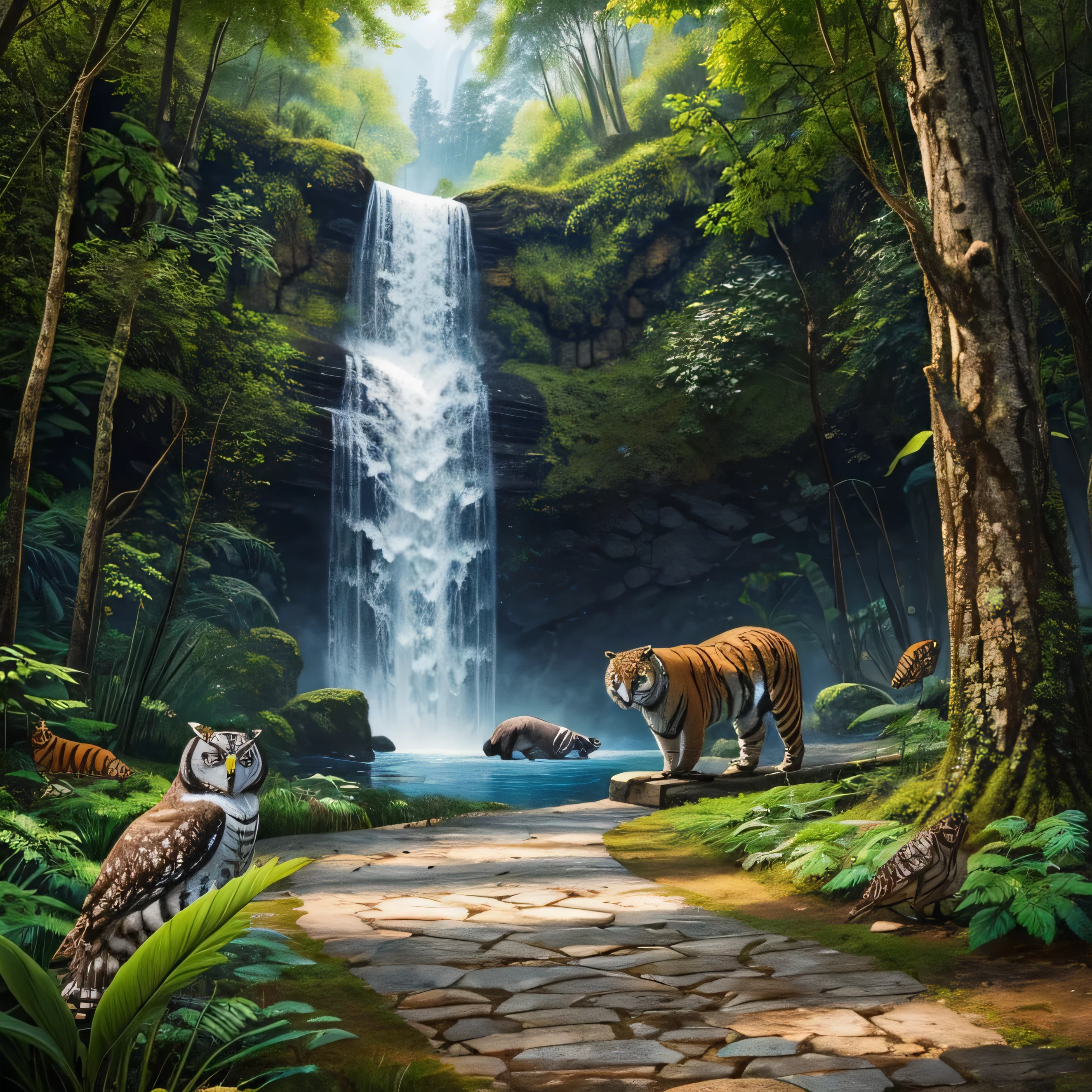 Un fondo de la naturaleza con muchos animales., owl, mariposa, penguin, Tigre, gorila, ballena, Fotorrealista, obra maestra,