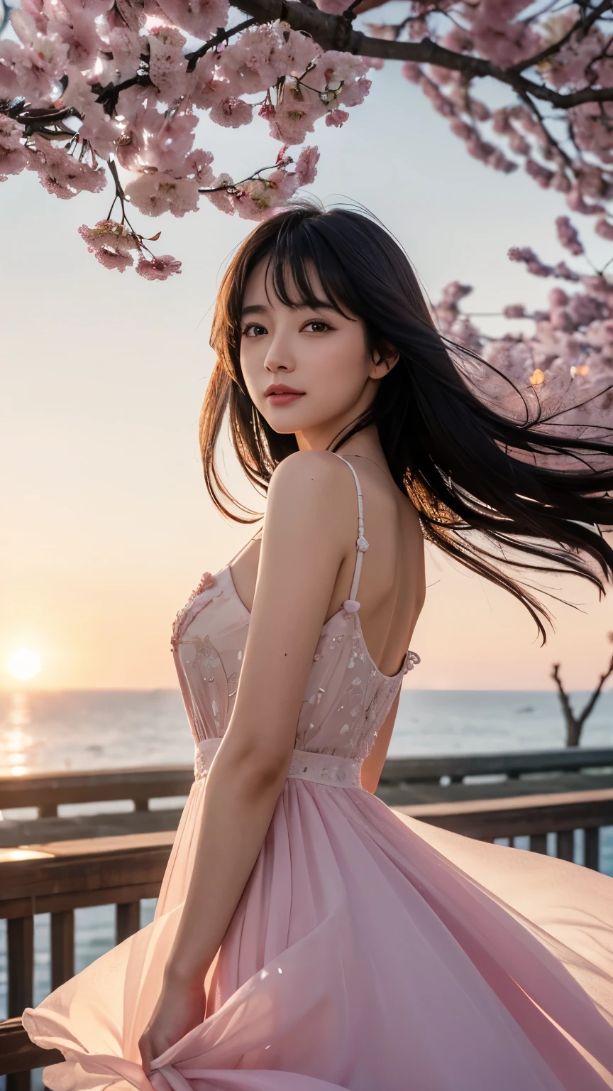 (logo、masterpiece、8k、table top、RAW photo、wonderful、最high quality、Photorealistic and very detailed CG integrated 8k wallpaper、high quality、very detailed、Narrative poem、particle effects、dynamic effects、written boundary depth、cinematic light、Lens flare、ray tracing)、fantasy、 (1 beautiful woman、dress、dress、cherry blossom pattern、black haired、beautiful face、real face、beautiful details eyes beautiful skin)、My hair dances in the wind、Hair flutters in Wind、hair jump、pink cherry tree、petals dance、SakuraFubuki、wonderful scenery、sunrise、sun on background、Wind