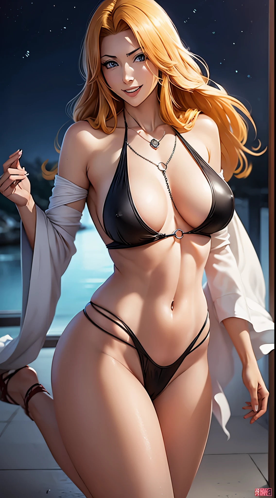 Rangiku Matsumoto, Full body, sexy night elegant modern dress, sexy, smile, flat belly,