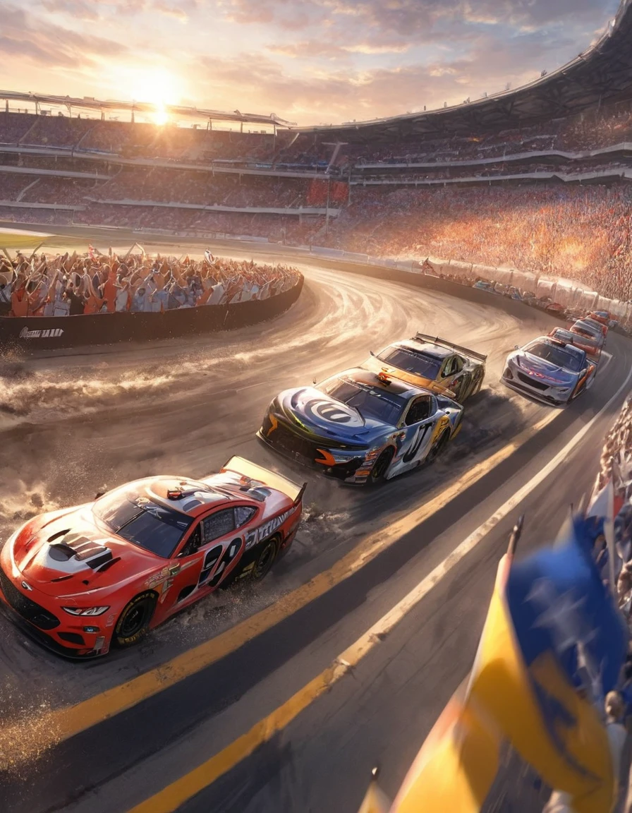 A high-octane image of the Daytona International Speedway during the Indianapolis 500 race. The track is teeming with brightly colored, sleek race cars zooming at breakneck speed, their tires kicking up dirt and gravel. In the background, a massive crowd is seen, with fans waving flags and cheering on their favorite racers. The sun is setting, casting warm, golden hues over the scene, while a large American flag waves in the distance.