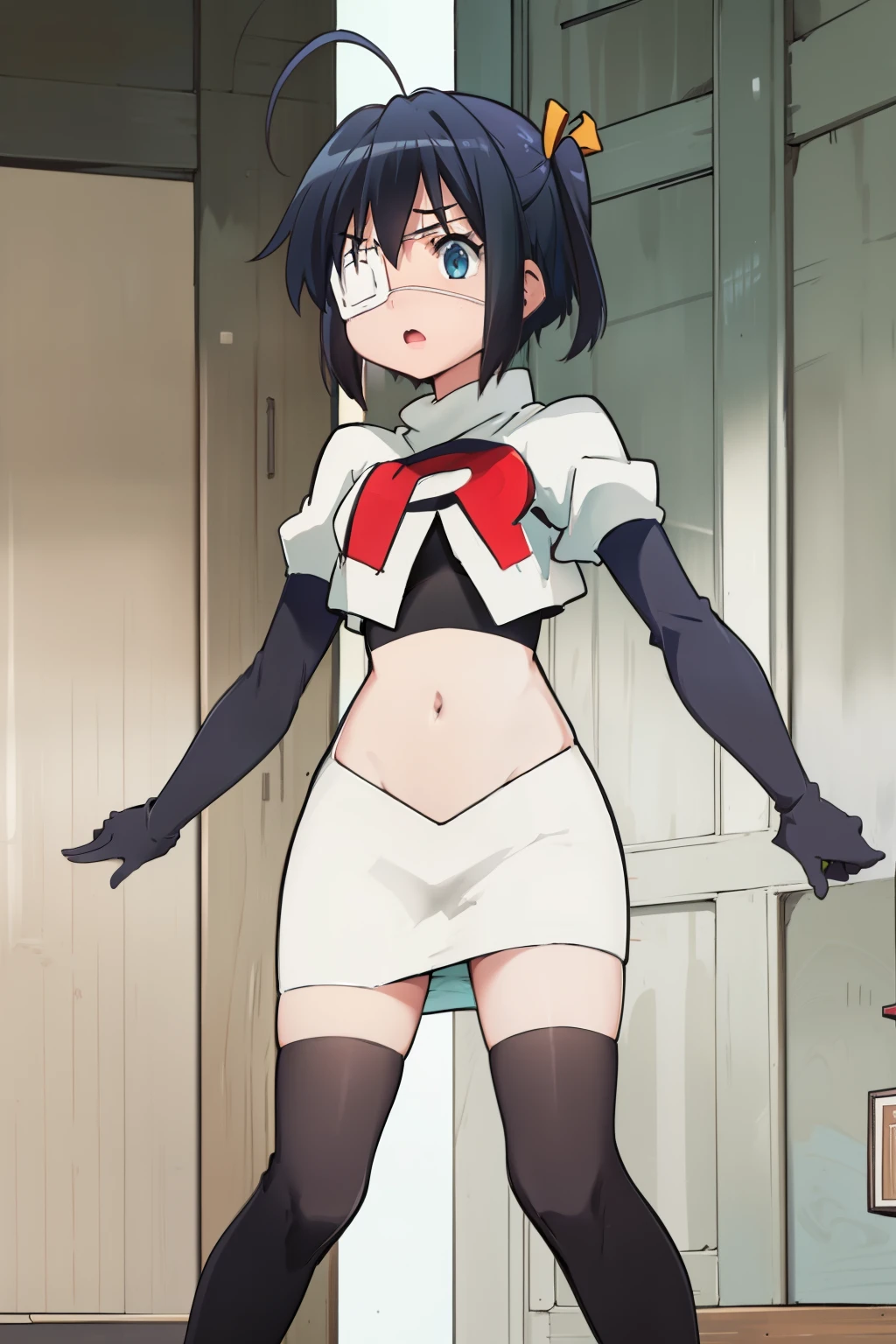 ph rikka, 1girl, :o, jacket, blazer, aqua eyes,team rocket,team rocket uniform, red letter R, white skirt,white crop top,black thigh-highs,black elbow gloves