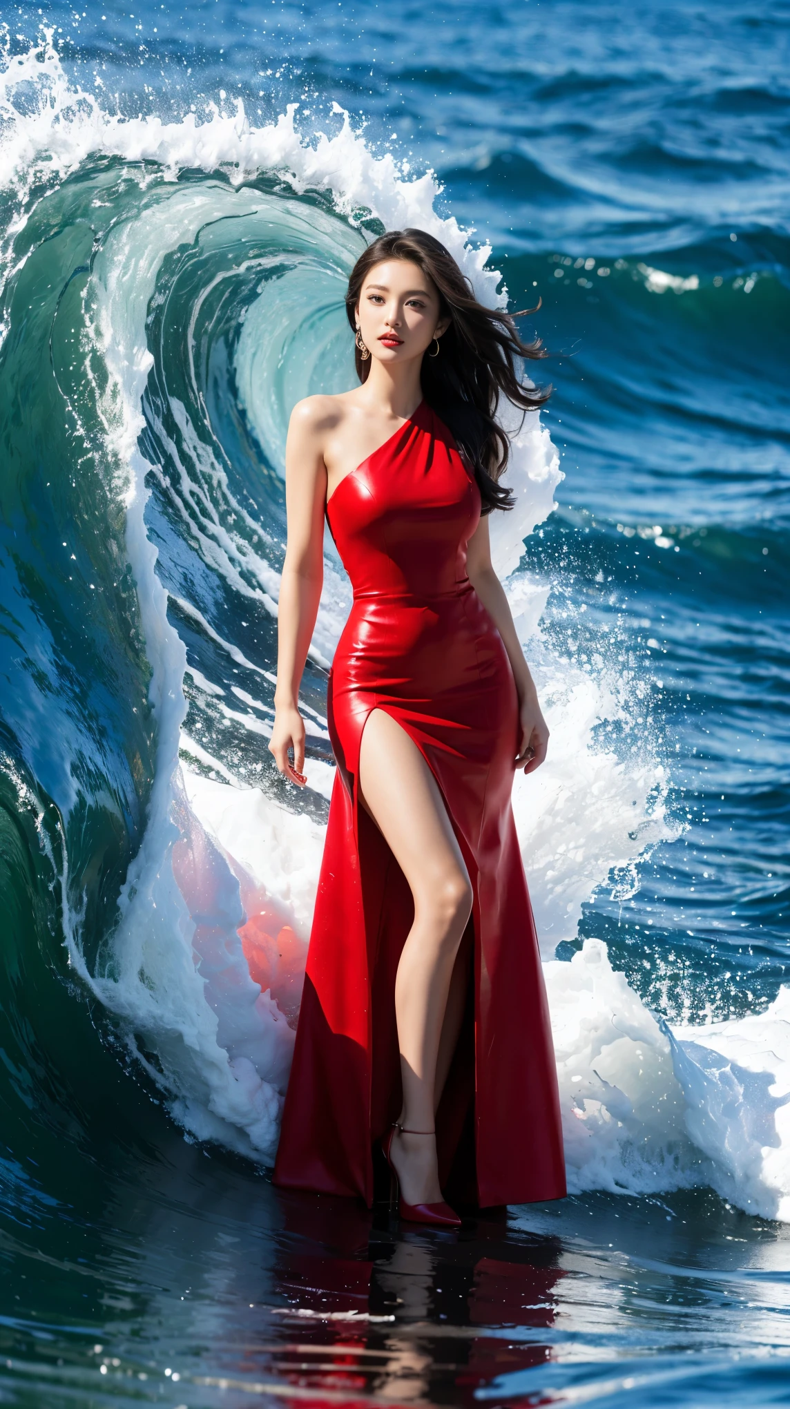 highest quality,masterpiece,ultra high resolution,(actual:1.4),original photo,ultra high resolution,8K,there is a woman,Fair skin,exquisite makeup,big waves of red lips,red dress,high heels,long legs,bright and beautiful