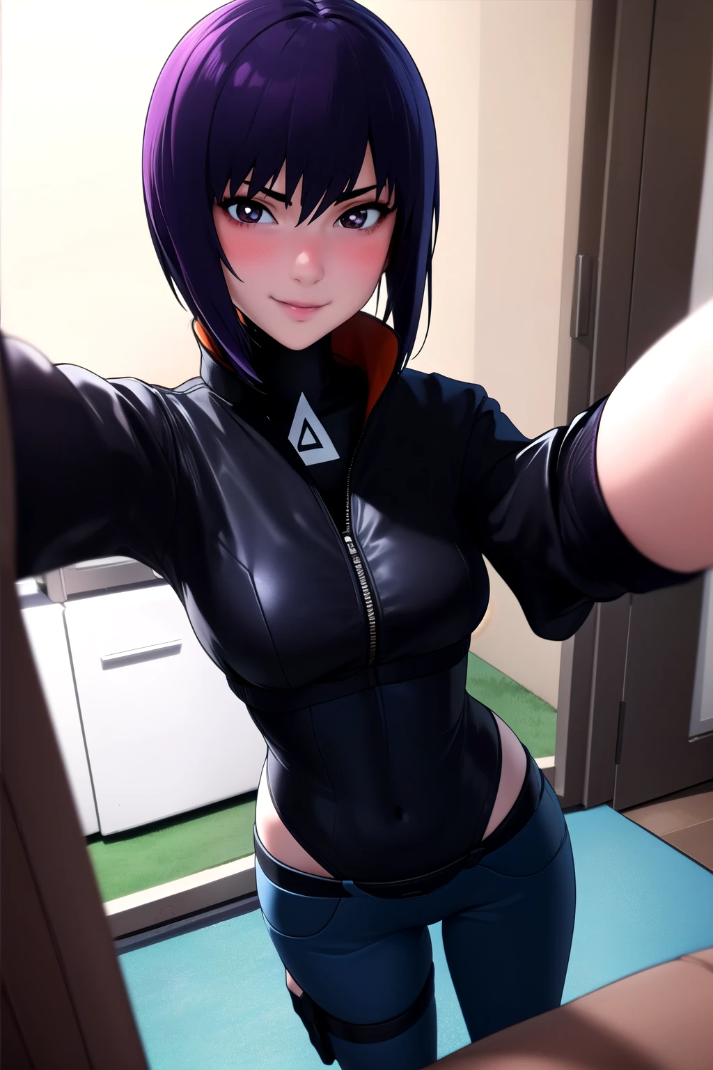 1girl, masterpice, high quality, best quality, good body, 5fingers, good hands and fingers, official art, (solo), dynamic angle, dynamic pose,  sexy,, black gloves, black jacket, leotard, (motoko_kusanagi), ((pov)), ((selfie)), scenary: room, smile, (blush),  