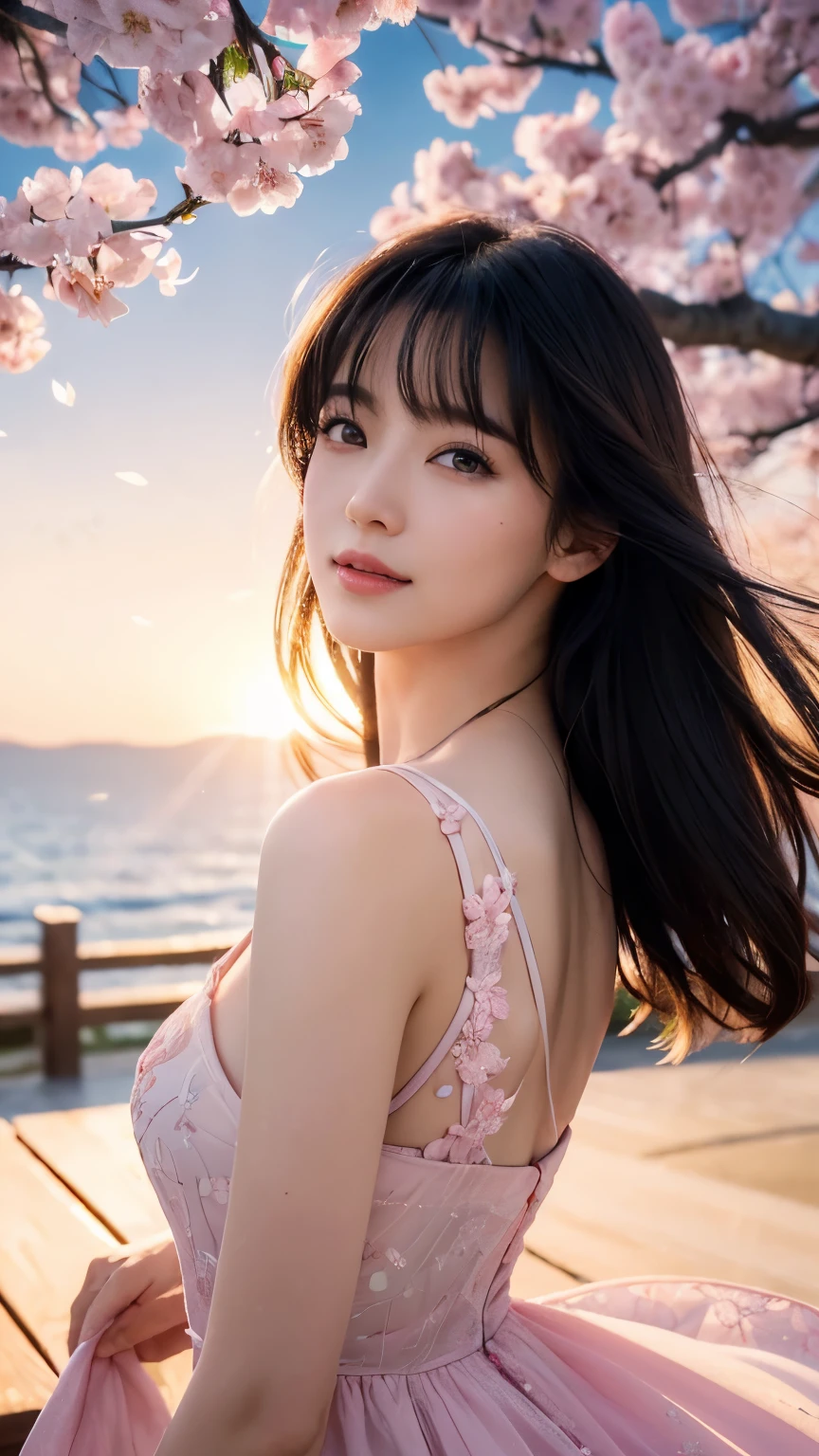 (logo、masterpiece、8K、table top、Raw photo、wonderful、最high quality、フォトリアリスティックでvery detailedな CG 統合 8k 壁紙、high quality、very detailed、narrative poem、particle effects、dynamic effects、Depth of the bounds written、cinematic light、Lens flare、ray tracing)、fantasy、 (1 beautiful woman、dress、dress、cherry blossom pattern、black haired、beautiful face、real face、beautiful details eyes beautiful skin)、髪がWindで踊る、Hair flutters in Wind、hair bounces、pink cherry tree、petals dance、SakuraFubuki、Spectacular view、sunrise、sun on background、Wind、