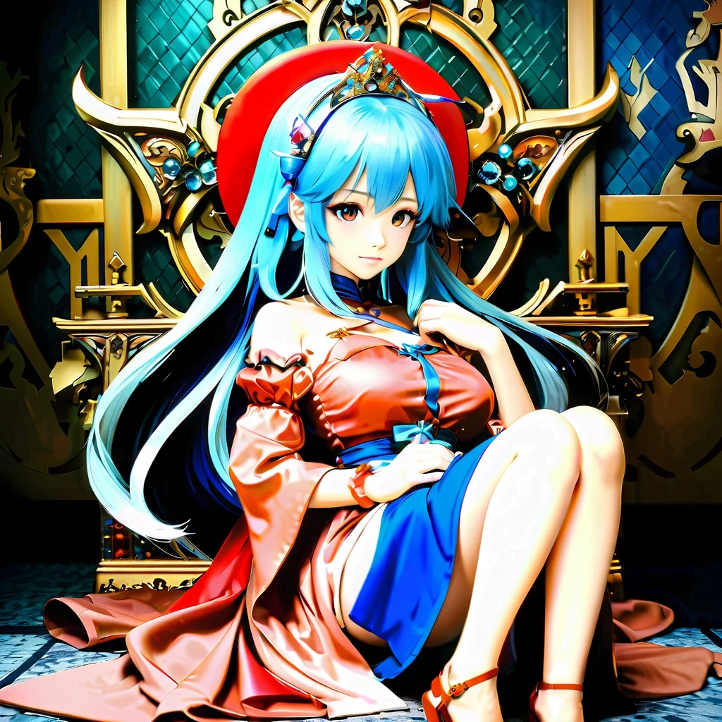 a 25 year old woman with rainbow hair and crown, wearing an intricate regal rainbow dress (dress is open, over exposed), sitting on a throne, with rainbows and sexing mpainted on the wall behind her (various sex acts, nly anal play and sex), detailertraihighly detailed, 4k, photorealistic, masterpiece, ultra-detailed, realistic, vivid colors, cinematic lighting, fantasy, digital art