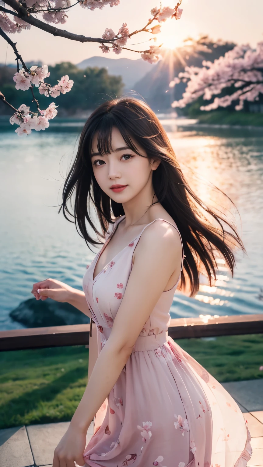 (logo、masterpiece、8k、table top、RAW photo、wonderful、最high quality、Photorealistic and very detailed CG integrated 8k wallpaper、high quality、very detailed、Narrative poem、particle effects、dynamic effects、written boundary depth、cinematic light、Lens flare、ray tracing)、fantasy、 (1 beautiful woman、dress、dress、cherry blossom pattern、black haired、beautiful face、real face、beautiful details eyes beautiful skin)、My hair dances in the wind、Hair flutters in Wind、hair jump、pink cherry tree、petals dance、SakuraFubuki、wonderful scenery、sunrise、sun on background、Wind
