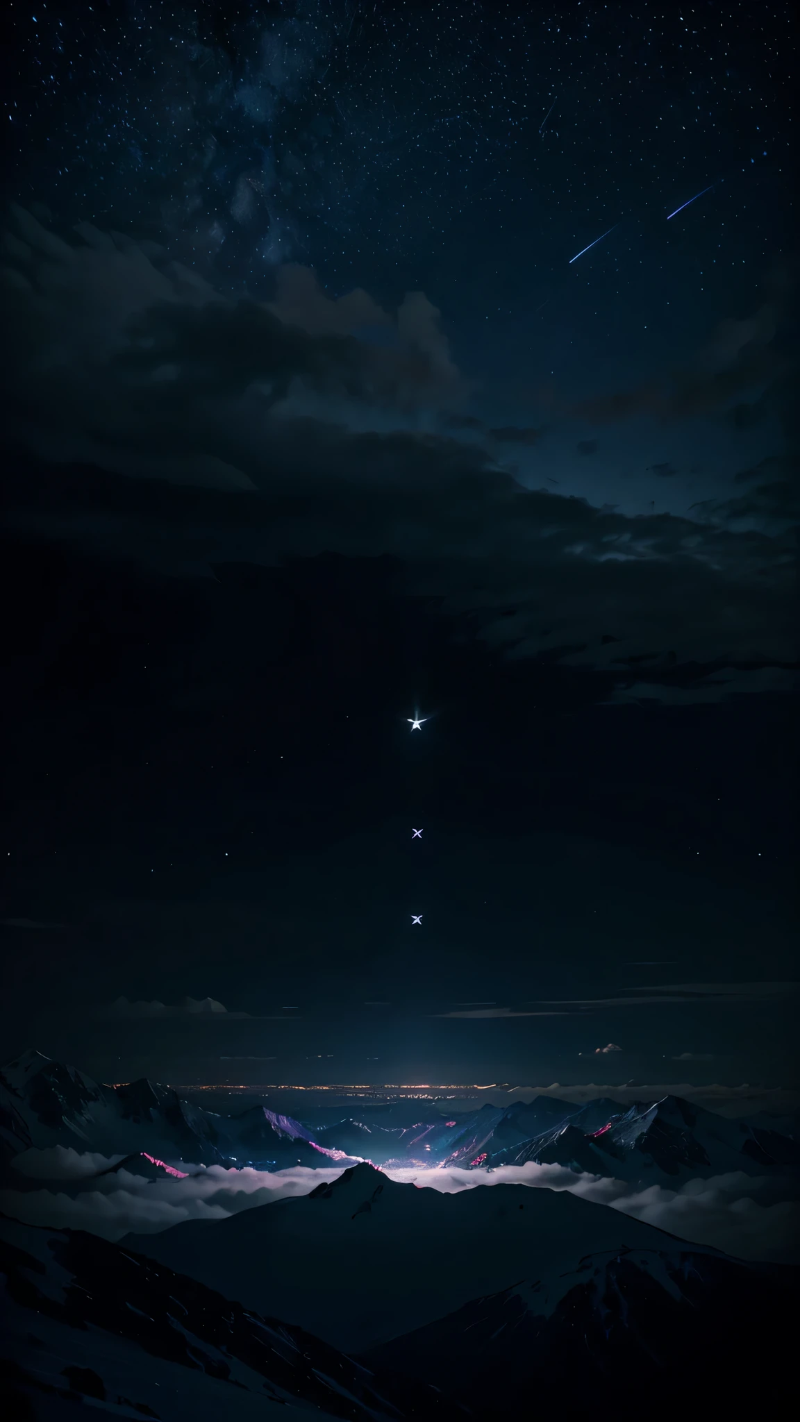 neon light art, in the dark of night, mountain view, clouds, moon, stars, colorful, detailed, 4k