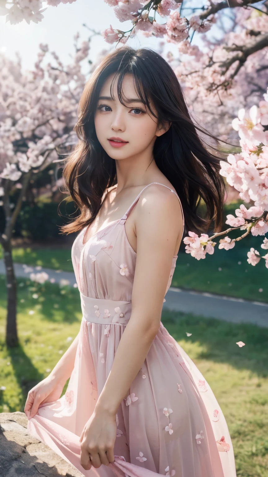(logo、masterpiece、8k、table top、RAW photo、wonderful、最high quality、Photorealistic and very detailed CG integrated 8k wallpaper、high quality、very detailed、Narrative poem、particle effects、dynamic effects、written boundary depth、cinematic light、Lens flare、ray tracing)、fantasy、 (1 beautiful woman、dress、dress、cherry blossom pattern、black haired、beautiful face、real face、beautiful details eyes beautiful skin)、My hair dances in the wind、Hair flutters in Wind、hair jump、pink cherry tree、petals dance、SakuraFubuki、wonderful scenery、sunrise、sun on background、Wind