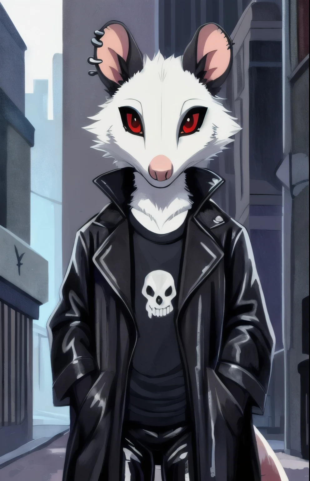 Stylized Anime artwork, 135mm+ focal length, furry, female, opossum, street, long black trench coat, skull-print t-shirt, leather pants, detailed digital acrylic painting, color graded, studio ghibli, highly detailed, red eyes, clear eyes, left ear piercing, two-tone fur, dark gray fur, withe fur