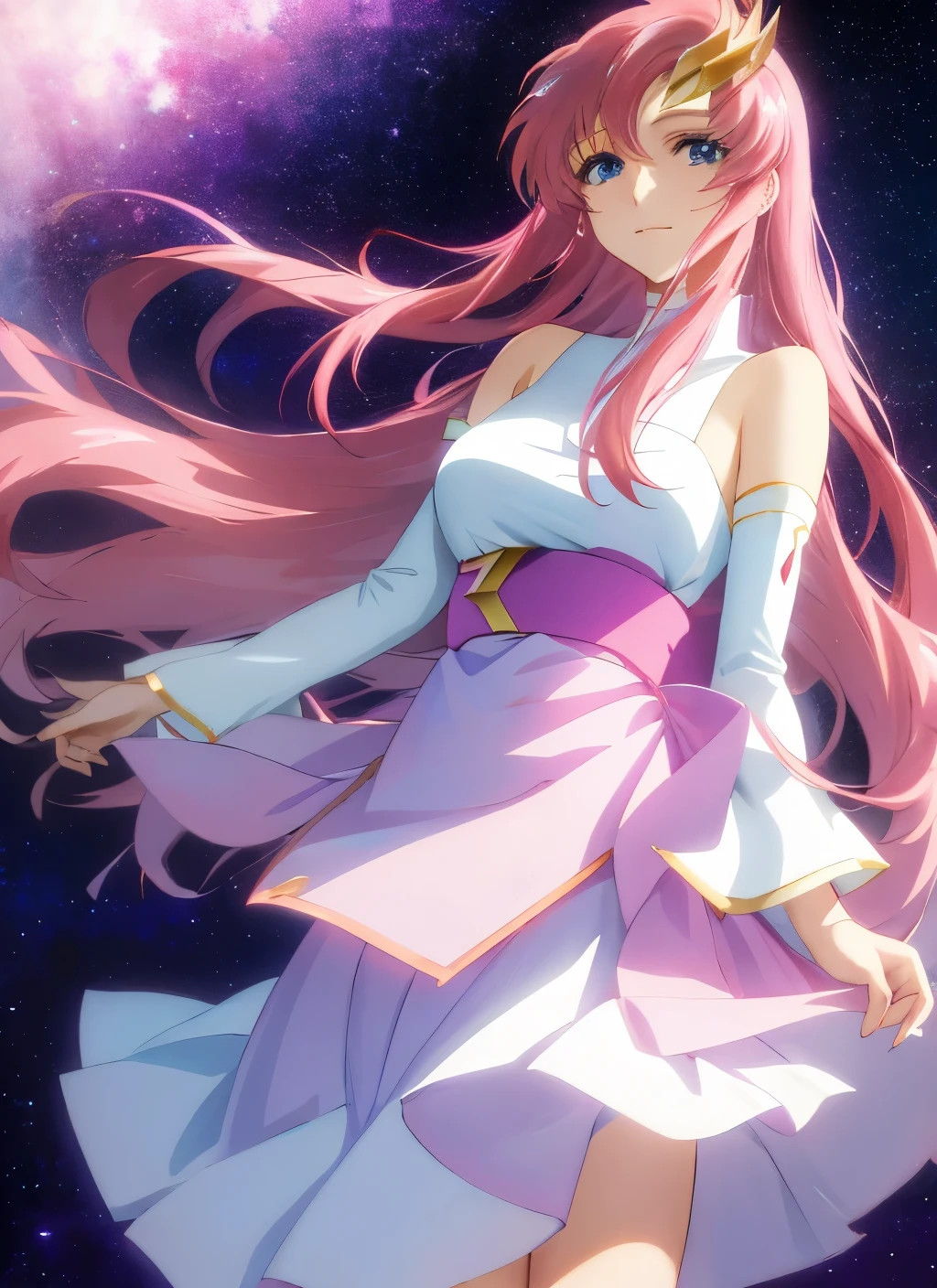 Masterpiece,detailed eye,detailed skin,detailed face,shiny skin,Kyoto animation,Lacus clyne,gundam seed , solo, pink hair, straight hair, hair ornament, white detached sleeves, blue eyes, white dress, purple skirt, long skirt, very long hair, bare shoulders, stars background 