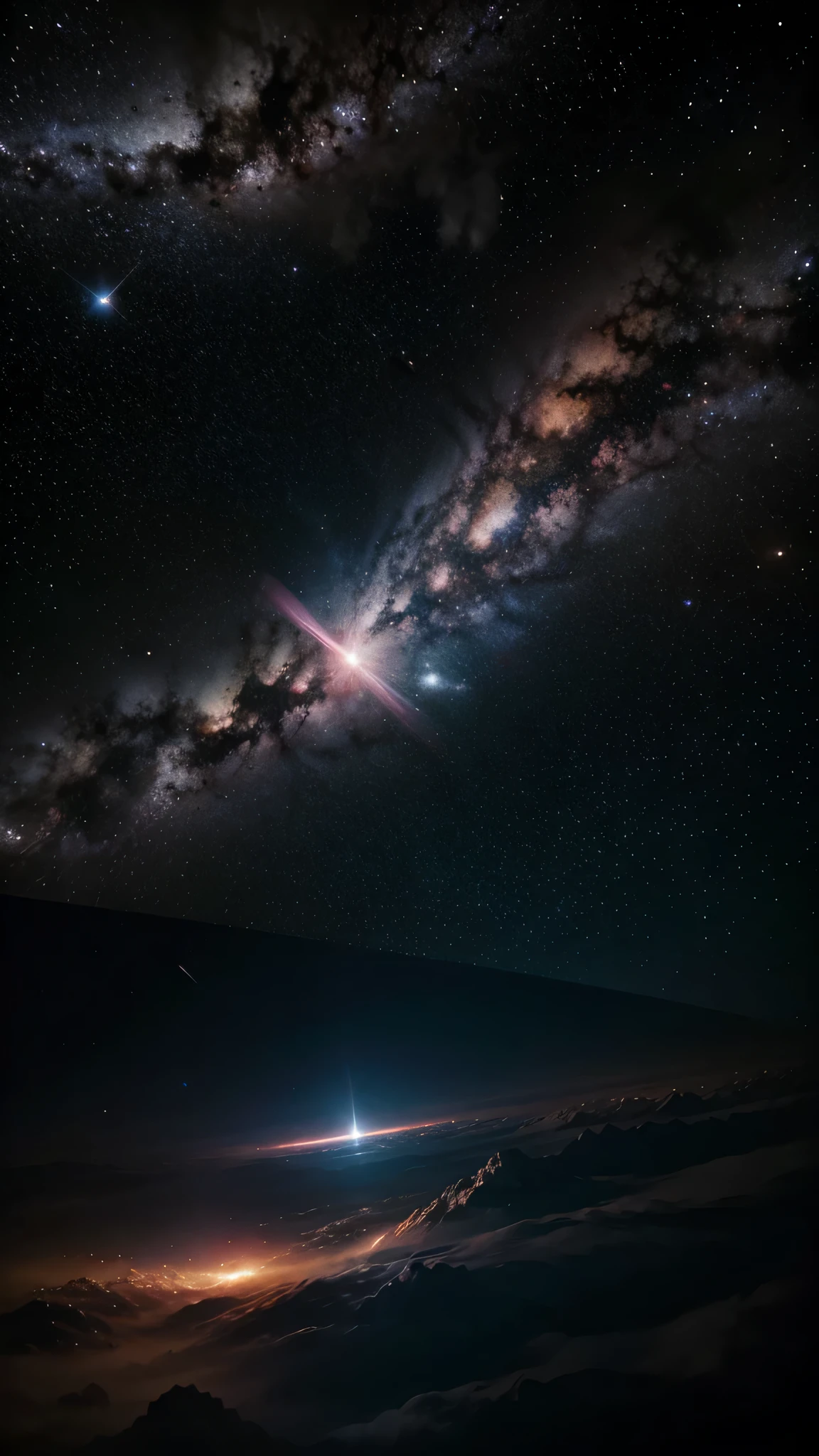 A photo realistic, ultra high definition image of celestial space, nebulas, seconds away from a portal, star dust, space art